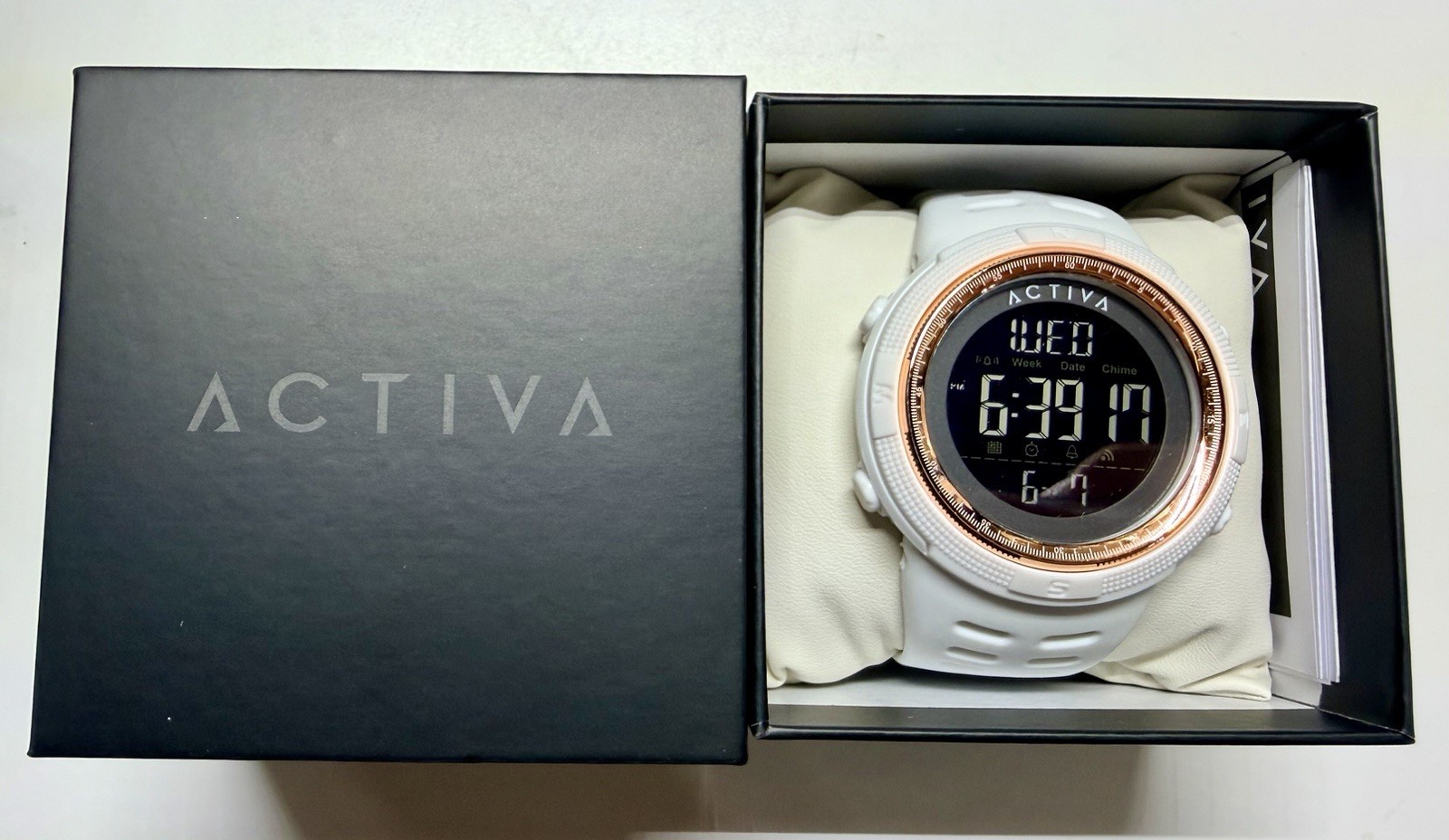 Activa Sport Quartz Digital Alarm Day/Date White Resin Strap Rose Gold Bezel