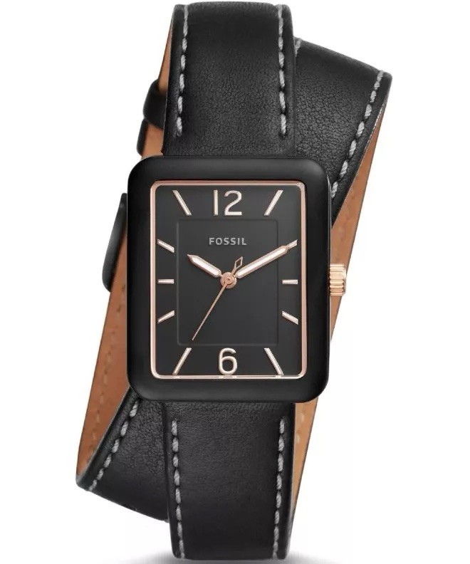 Fossil Atwater Quartz Rectangle Watch Black Dial Double Wrap Leather Strap