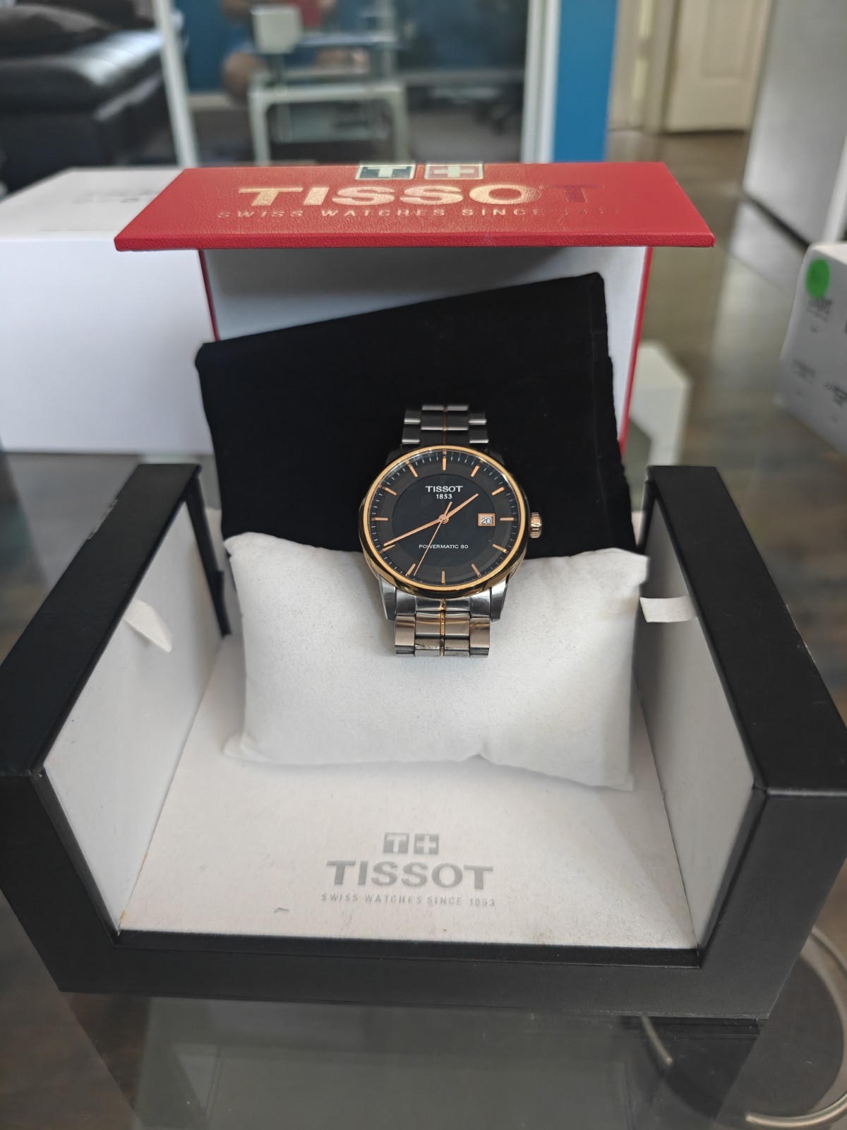 Tissot Powermatic 80 Auto Black Dial Two-Tone Bracelet Date Watch w/ Box
