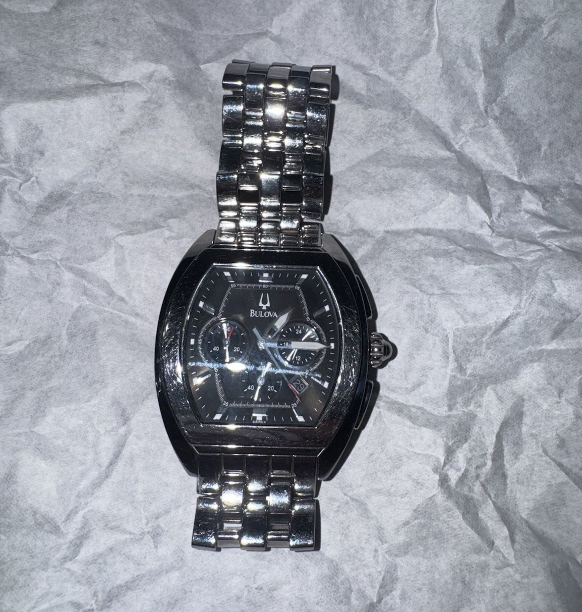 Working Bulova Men’s Chronograph Quartz Black Dial Stainless Steel Tonneau Watch