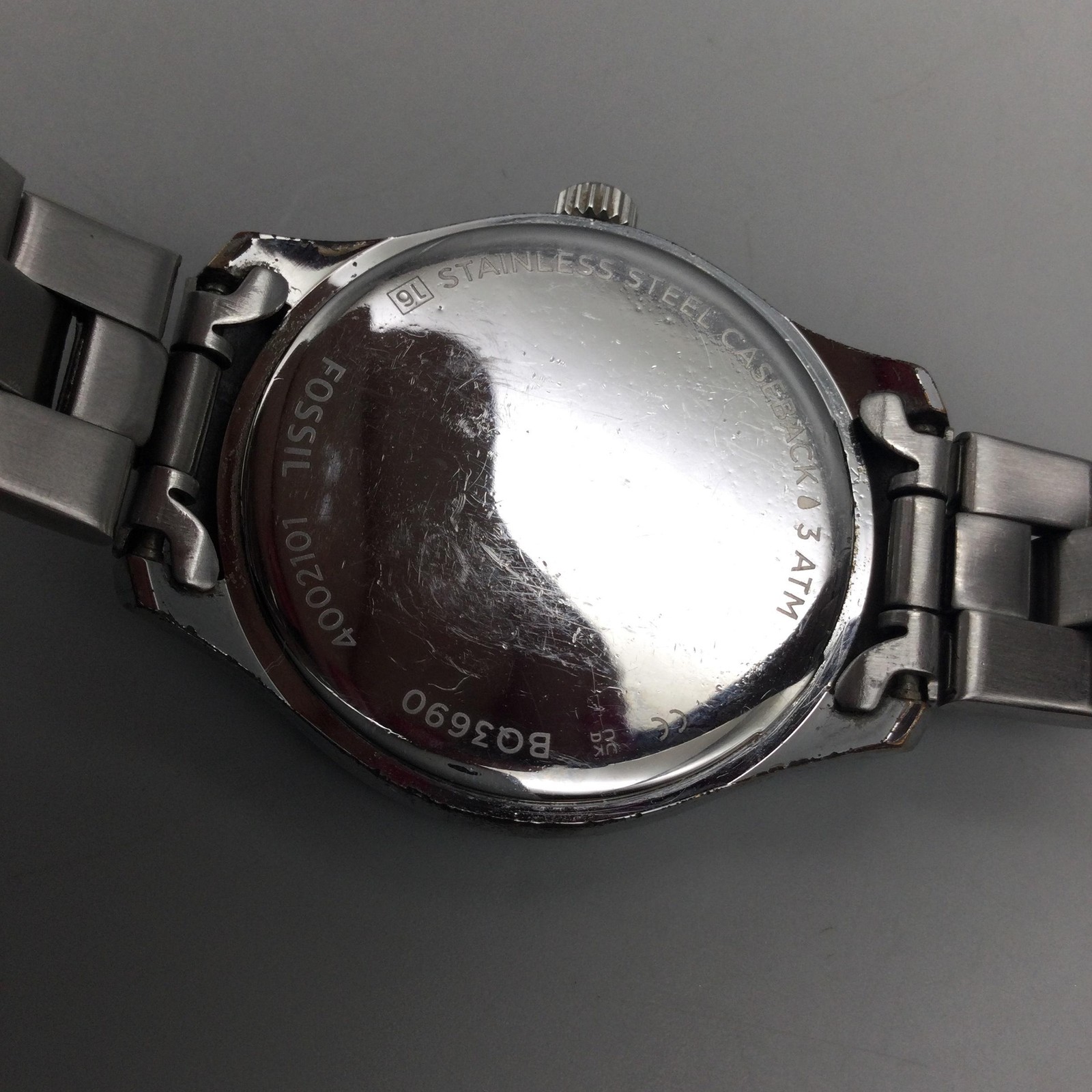 Fossil Rye BQ3590 Womens Watch 35mm Silver Tone Day Date New Battery 7″