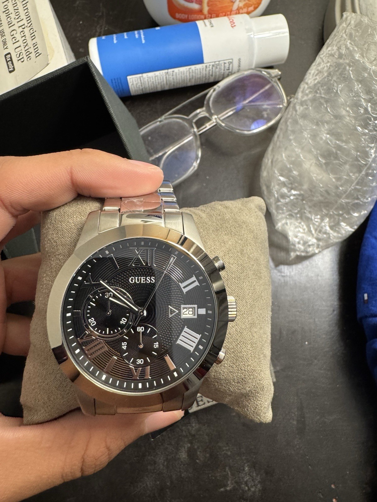 GUESS Escrow Men’s Chronograph Date Black Dial Quartz Analog Silver Bracelet