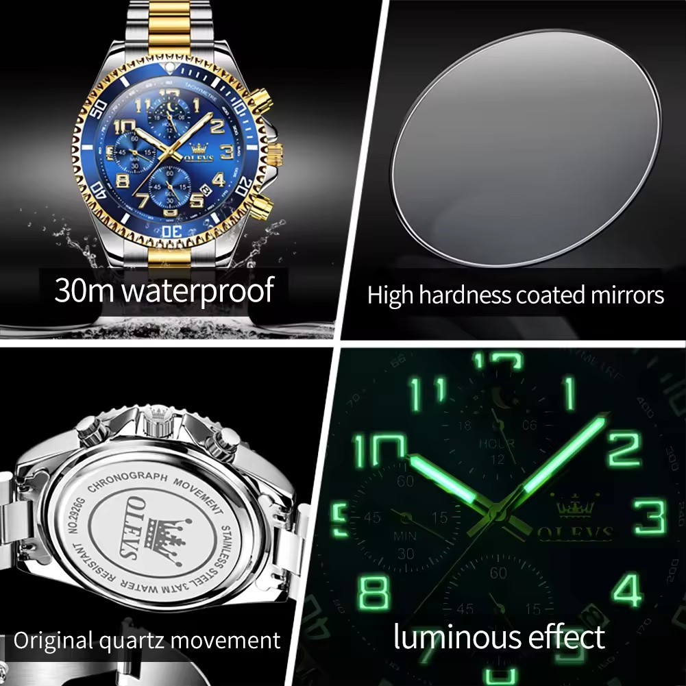 OLEVS Luxury Men Quartz Watch Business 3 Bar Luminous Date Stainless Steel Band