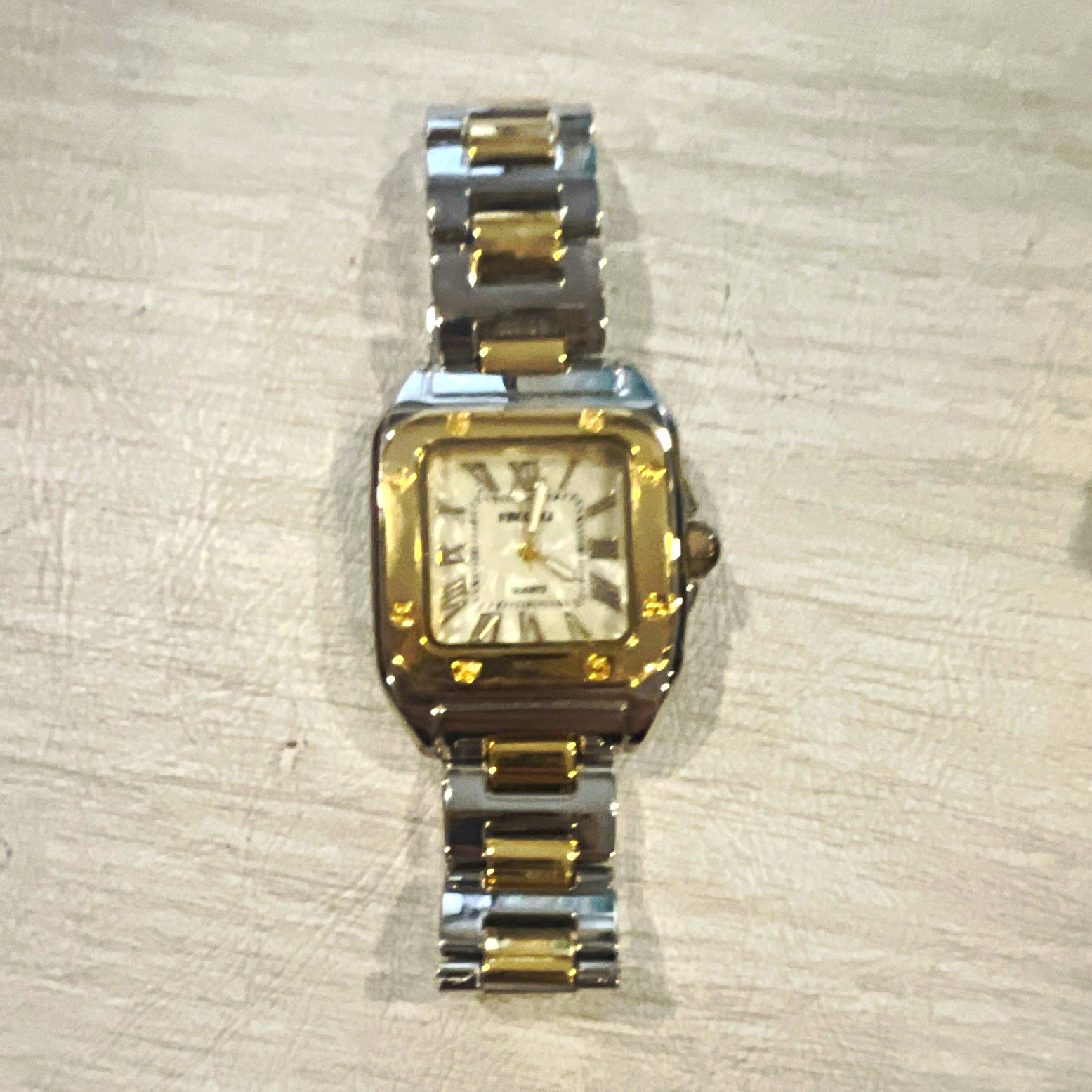 Two-Tone Stainless Steel Square Analog Bracelet Watch, White Dial Roman