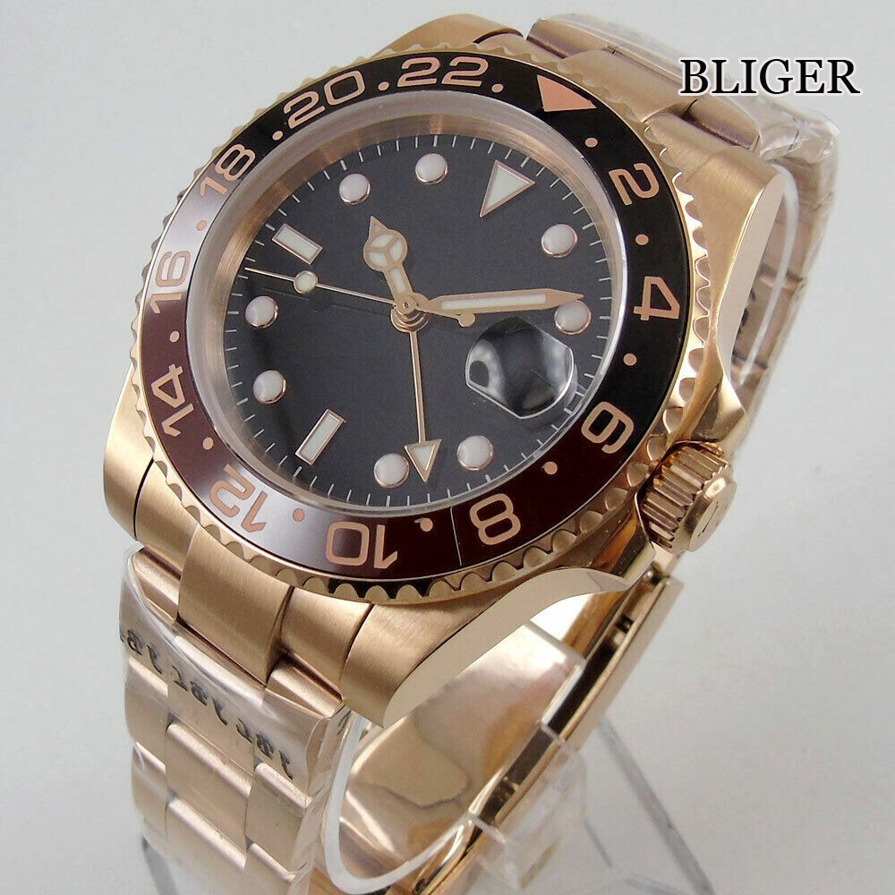 Bliger Sterile Dial Rose Gold Automatic Watch Case GMT Brush Strap Slope Insert