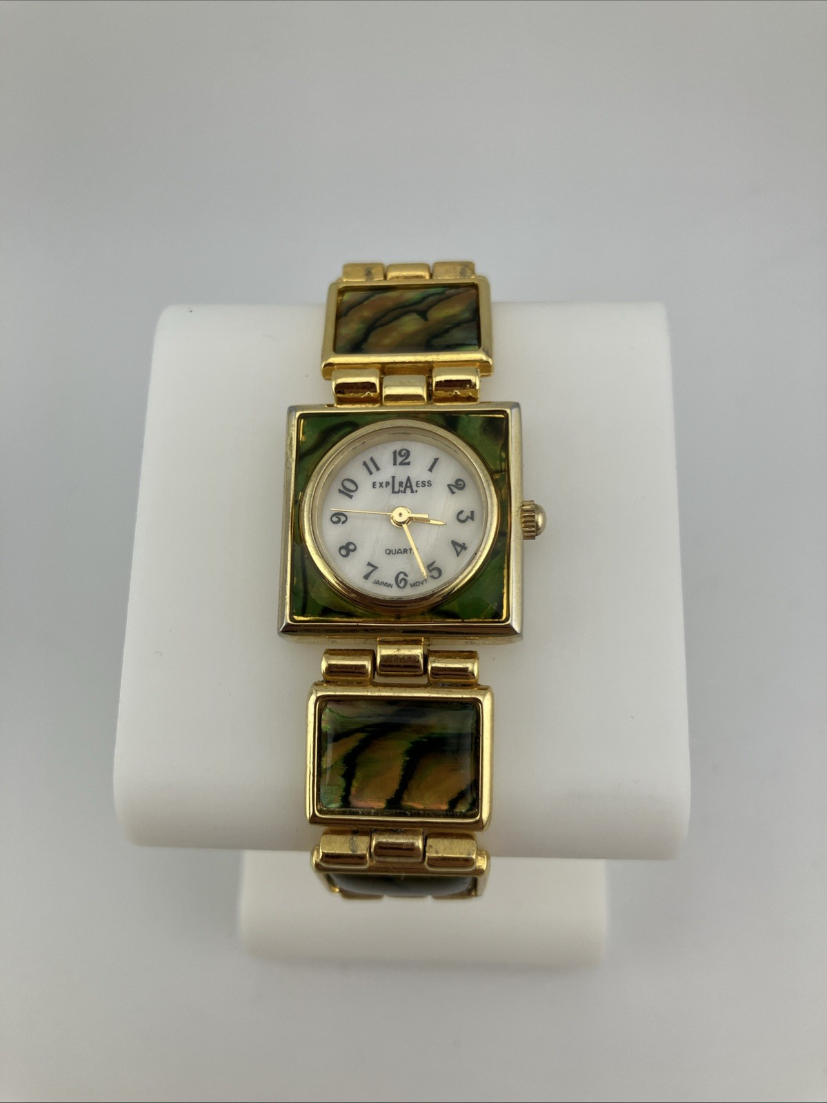 Vtg LA Express Ladies 21mm Watch Gold Tone Abalone Band MOP Dial 7″ – RUNS