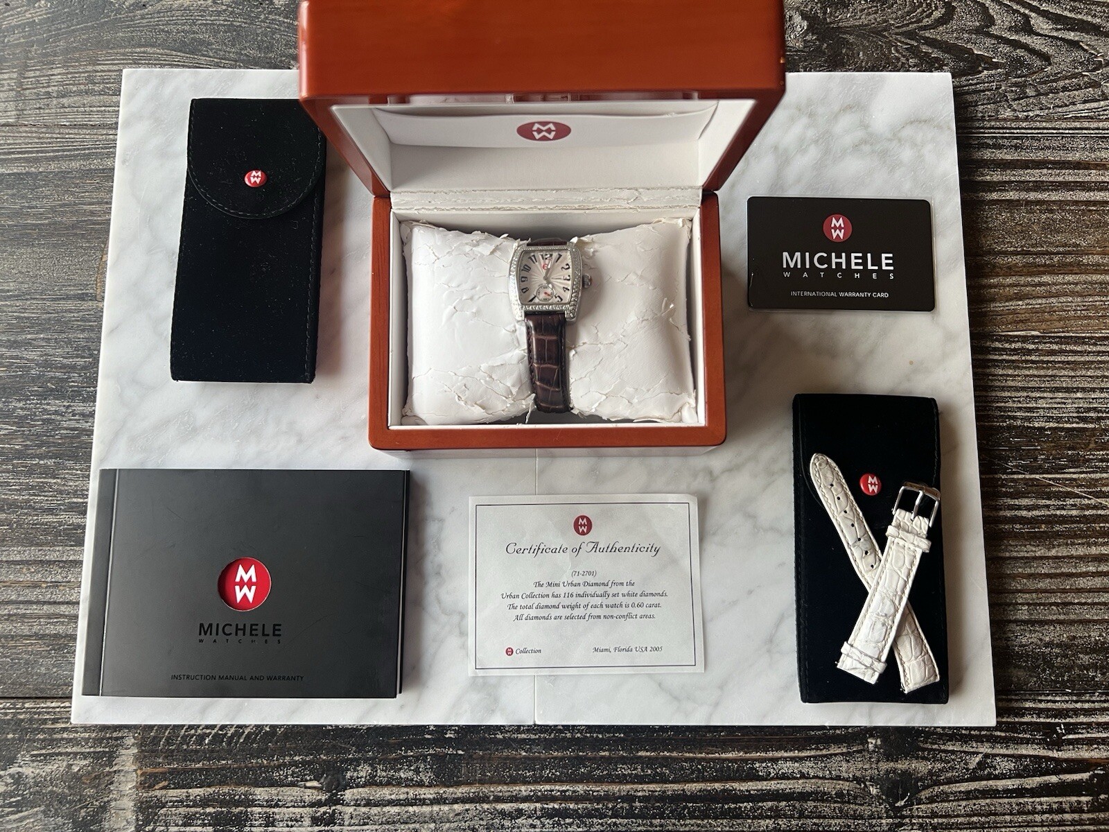 Michele Authentic Mini Urban Diamond Watch w/Brown Alligator Leather Strap