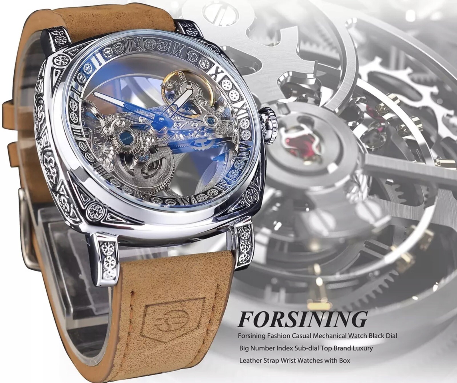 Forsining Men’s Automatic Square Retro Carved Skeleton Luxury Waterproof Watch