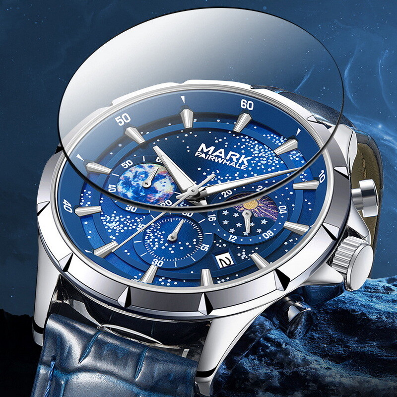 MARK FAIRWHALE Cosmic Stars Moon Phase Calendar Luminous Waterproof Quartz Watch