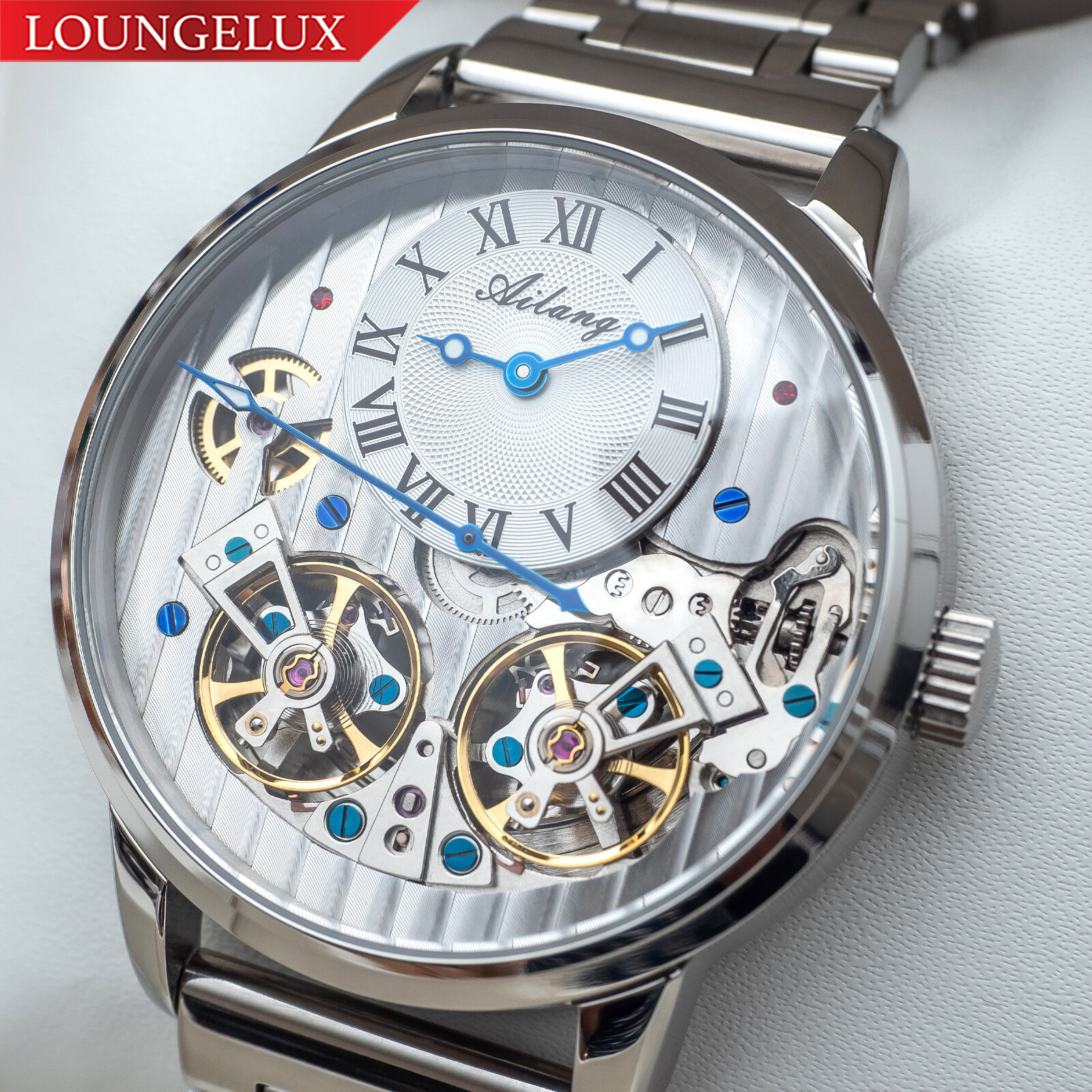 Mens Double Flywheel Automatic Mechanical Watch Silver White Stainless Steel