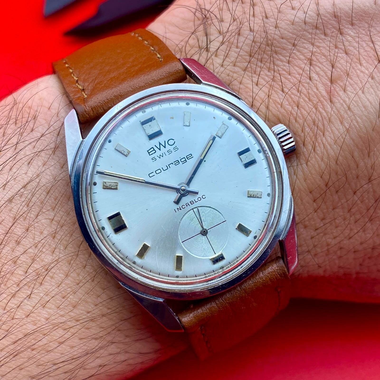 1970s Vintage BWC SWISS Courage Jumbo XL Small Second Watch Mens Manual Wind NOS