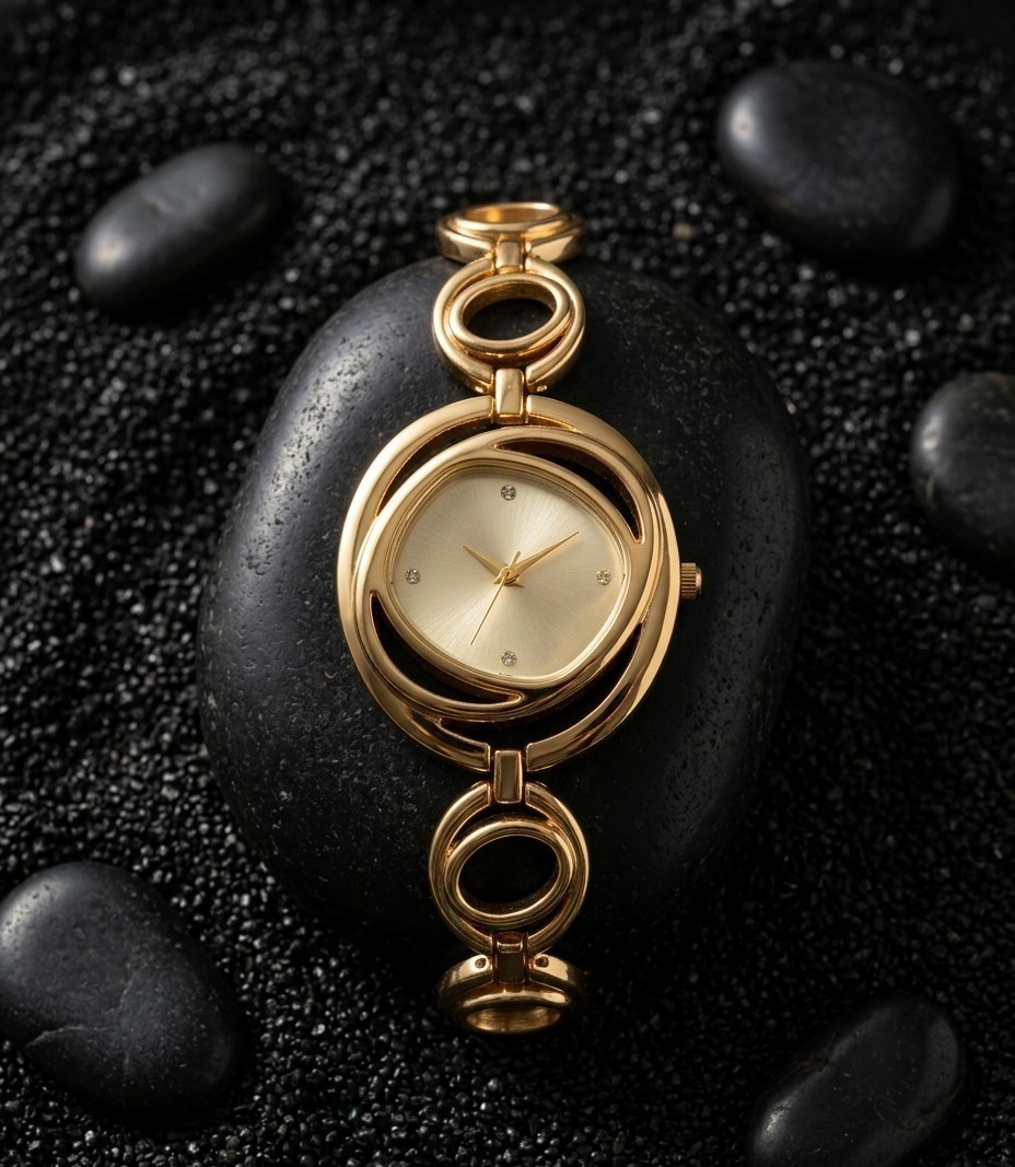 18k Gold Analogue Chain Watch Bracelet- Luxury Mirror Fish Gold Dial Band Watch