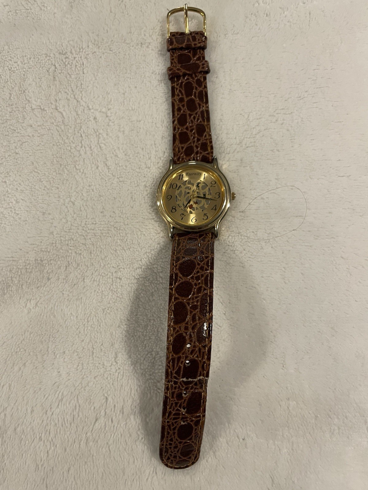 LA Express Lady Or MansWatch Gold Skeleton-Look Dial Brown Genuine Leather Strap