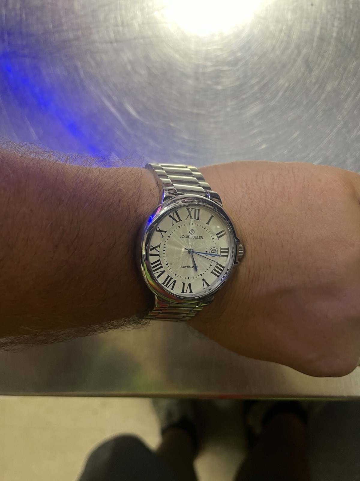 Louie Juelen Men’s Automatic Dress Watch 34mm Roman Date 100M Expo Back
