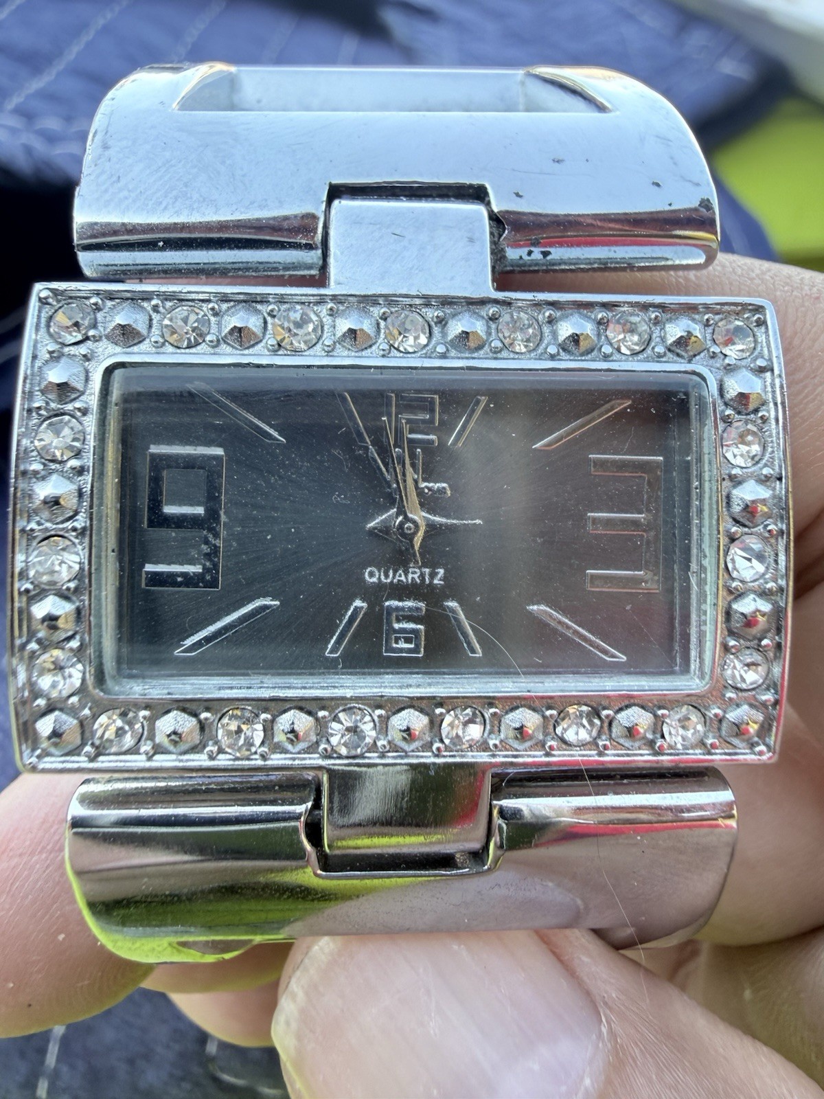 FMD Women’s Silver Quartz Rectangular Bangle Gem-Set Bezel Analog Wristwatch