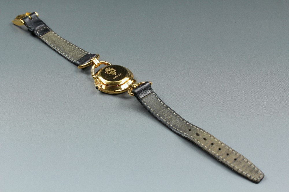 Near MINT GUCCI 6000.2.L Black Dial Gold GP Horsebit Quartz 23mm Ladies Watch