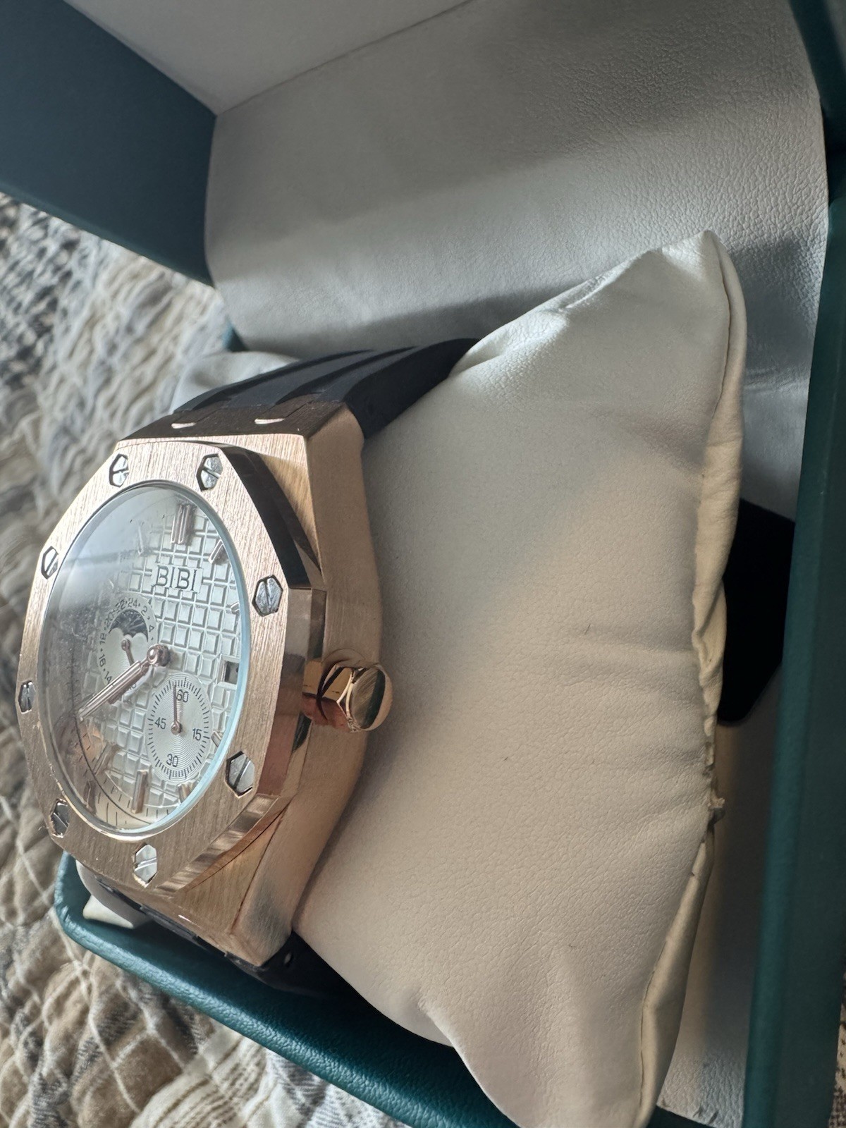 BIBI Luxury Watch Quartz Octagon Rose Gold Tone Black Rubber Strap Date w/ Box