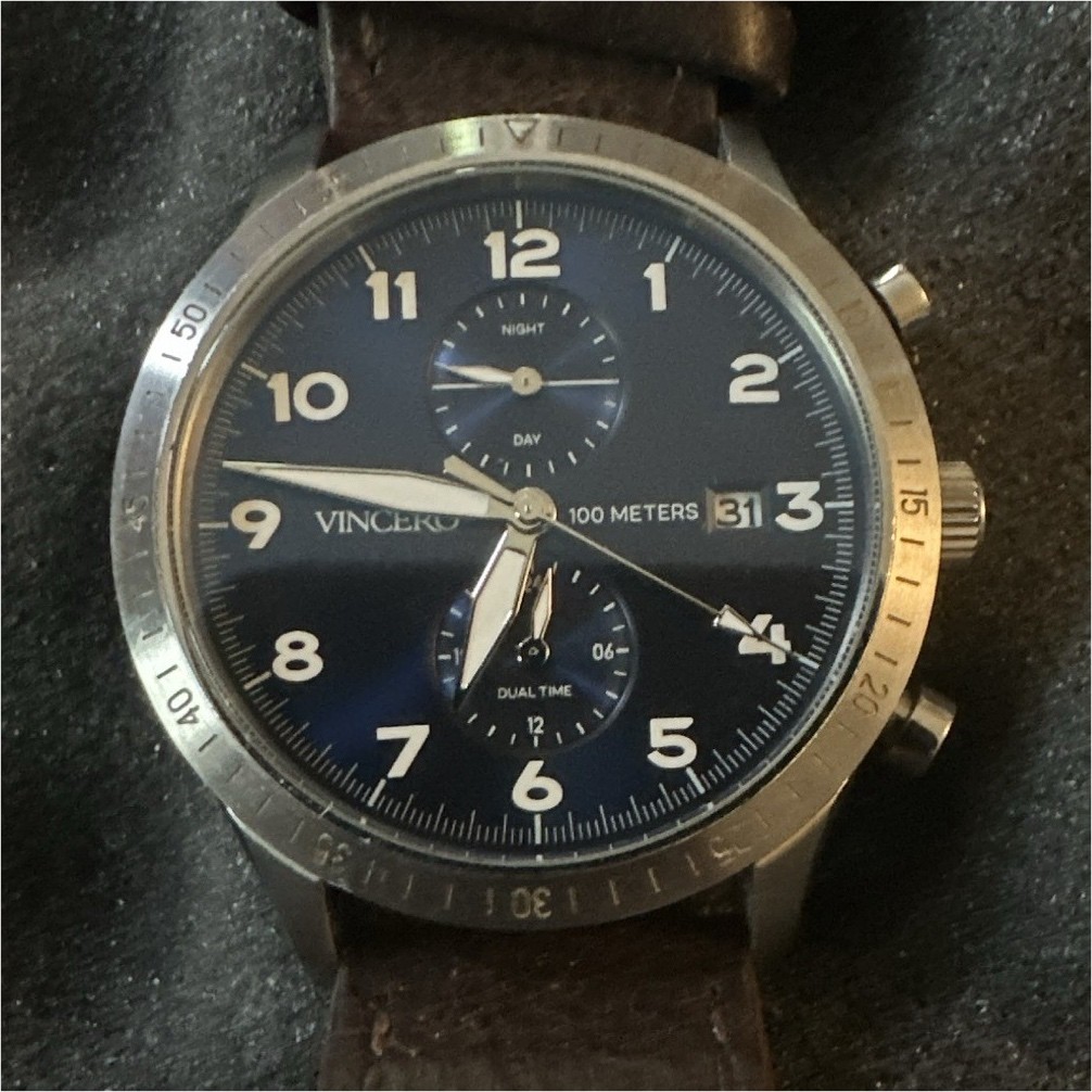 Vincero Analog Date Dual Time Blue Dial Brown Leather Strap Silver Case Watch
