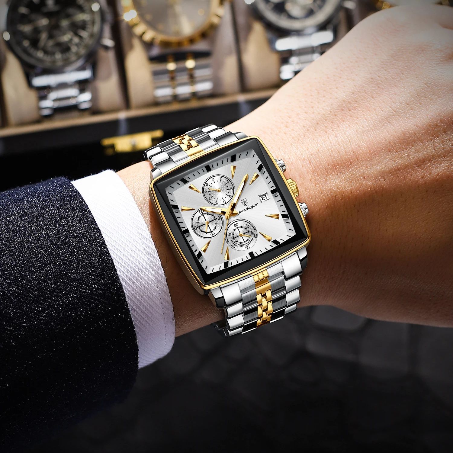2024 POEDAGAR Luxury Men’s Quartz Watch Square 3Bar Chronograph Stainless Steel