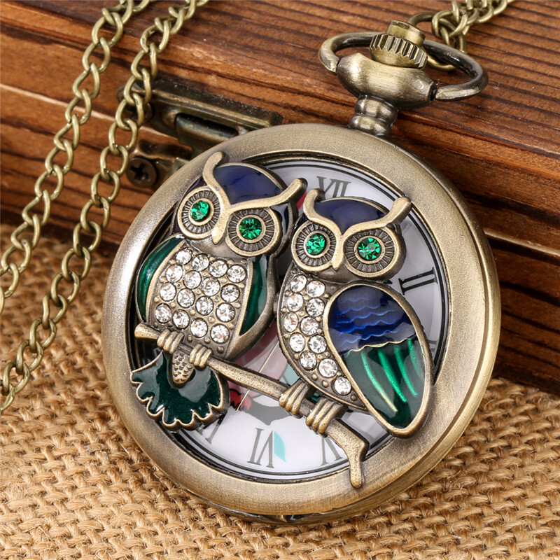 Diamond Handicraft Two Owls Pattern Quartz Pocket Watches for Women Men Gifts