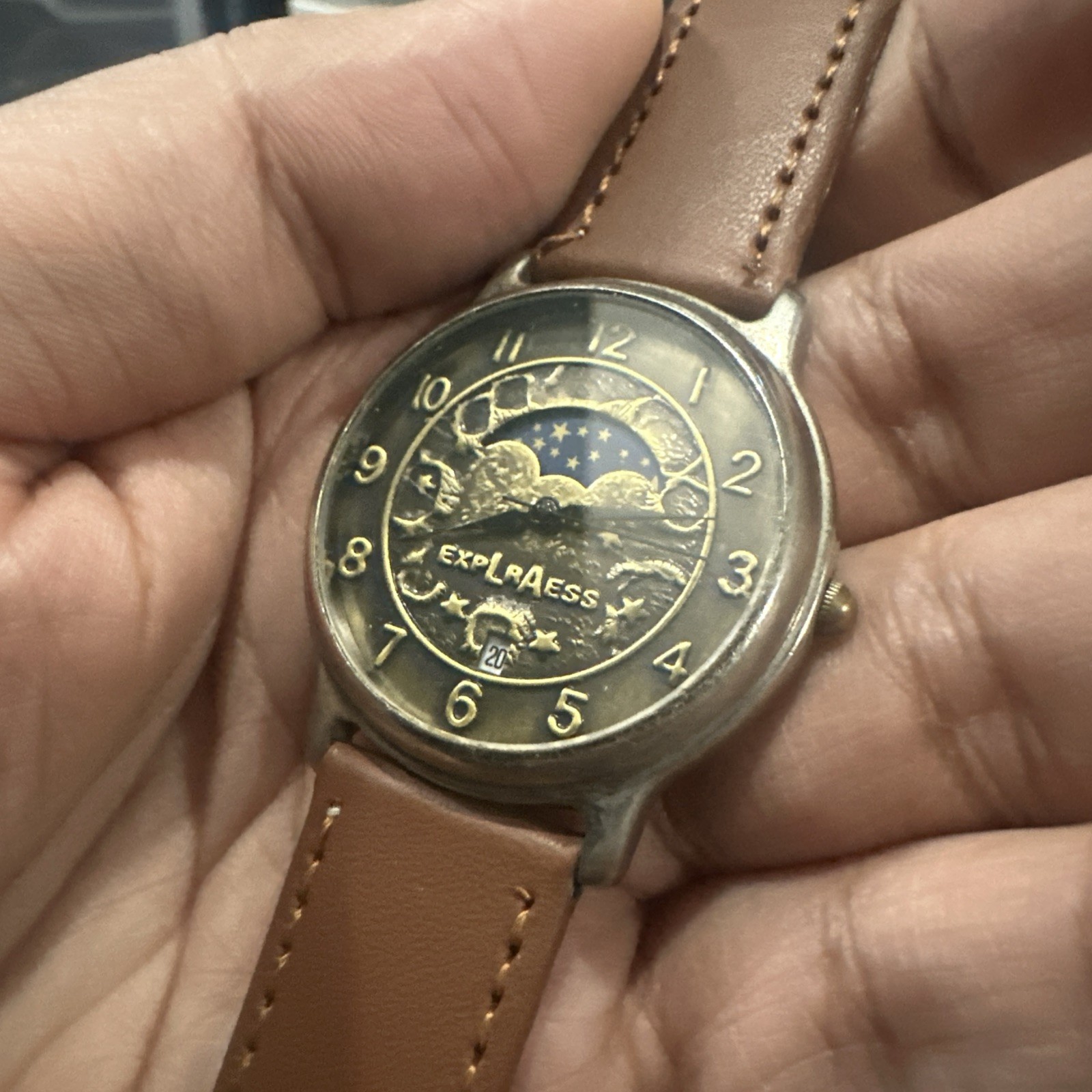 Working LA Express Moonphase Quartz Men’s Watch New Brown Band 36mm Fit 7.5