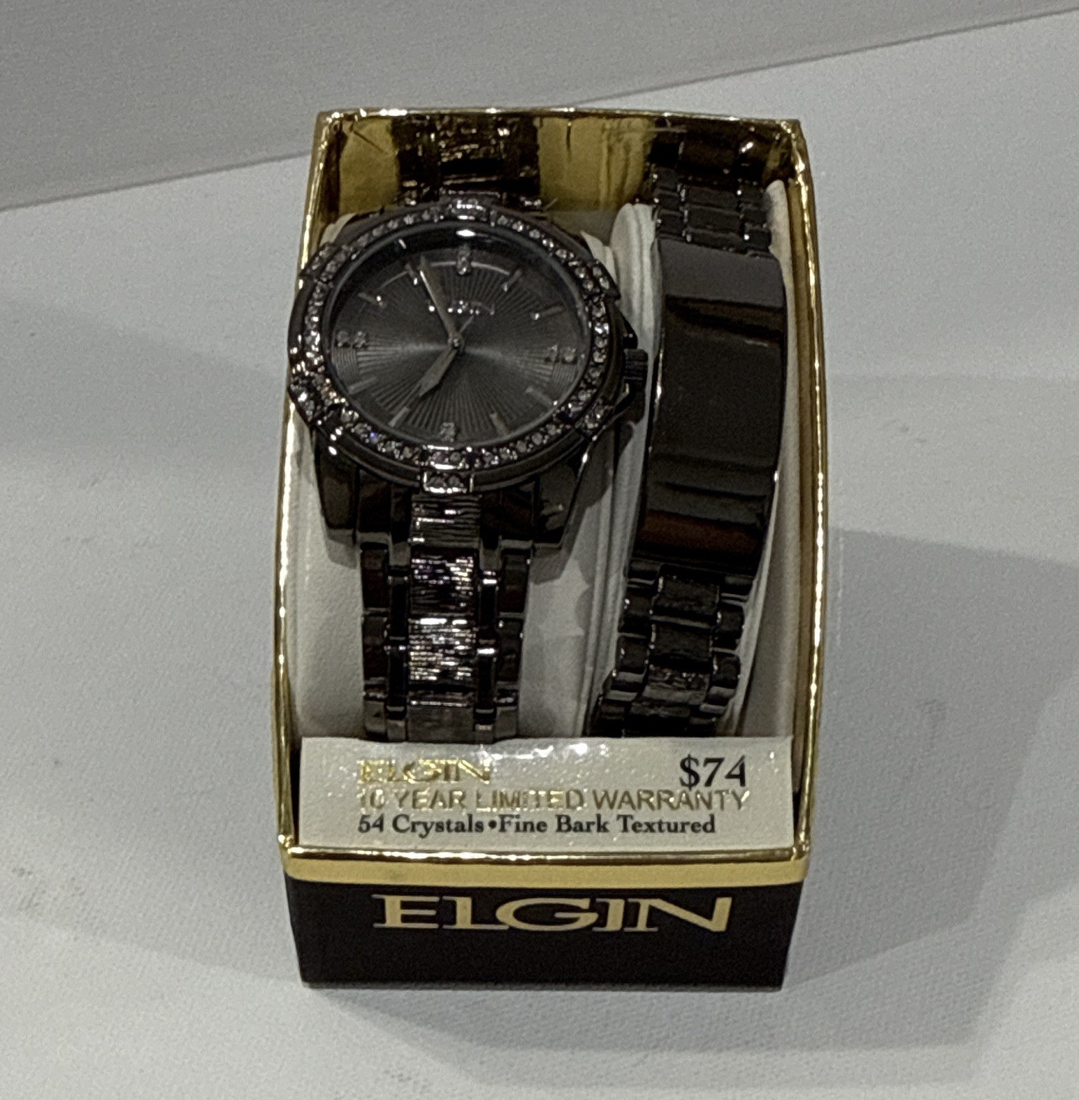 Elgin Women’s Quartz Analog Gray-Tone Gem-Set Bezel Bracelet Watch w/ Box, E18