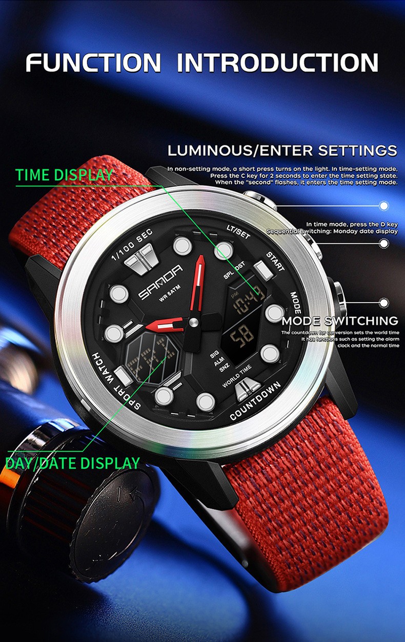Dual display dial multifunctional sports style high waterproof quartz watch