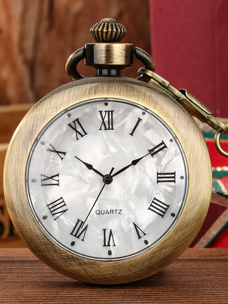 Bronze Smooth Open Face Roman Numerals Pocket Watch Alloy Case with Hook Chain