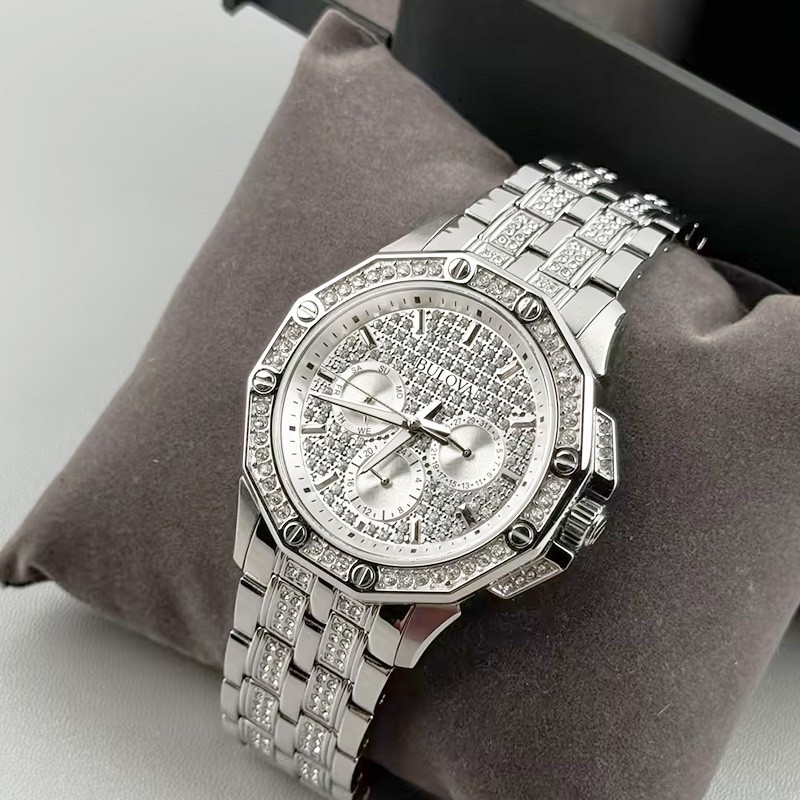 Bulova Octava Crystal 96C134 Silver Dial Chronograph Quartz Men’s Watch 41.5MM