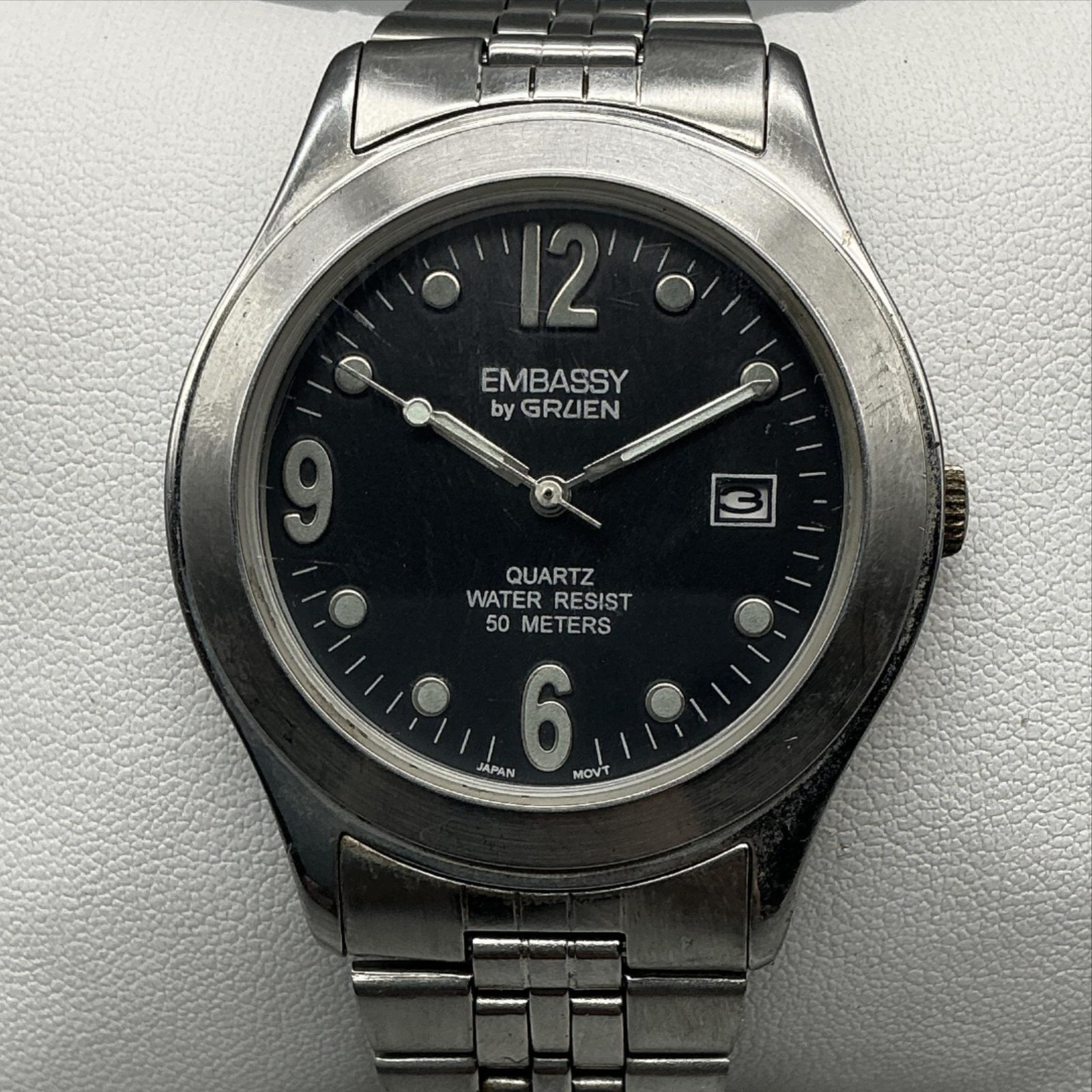 Embassy By Gruen Mens Watch 38mm Black Dial Stainless Date 50M New Battery 8″