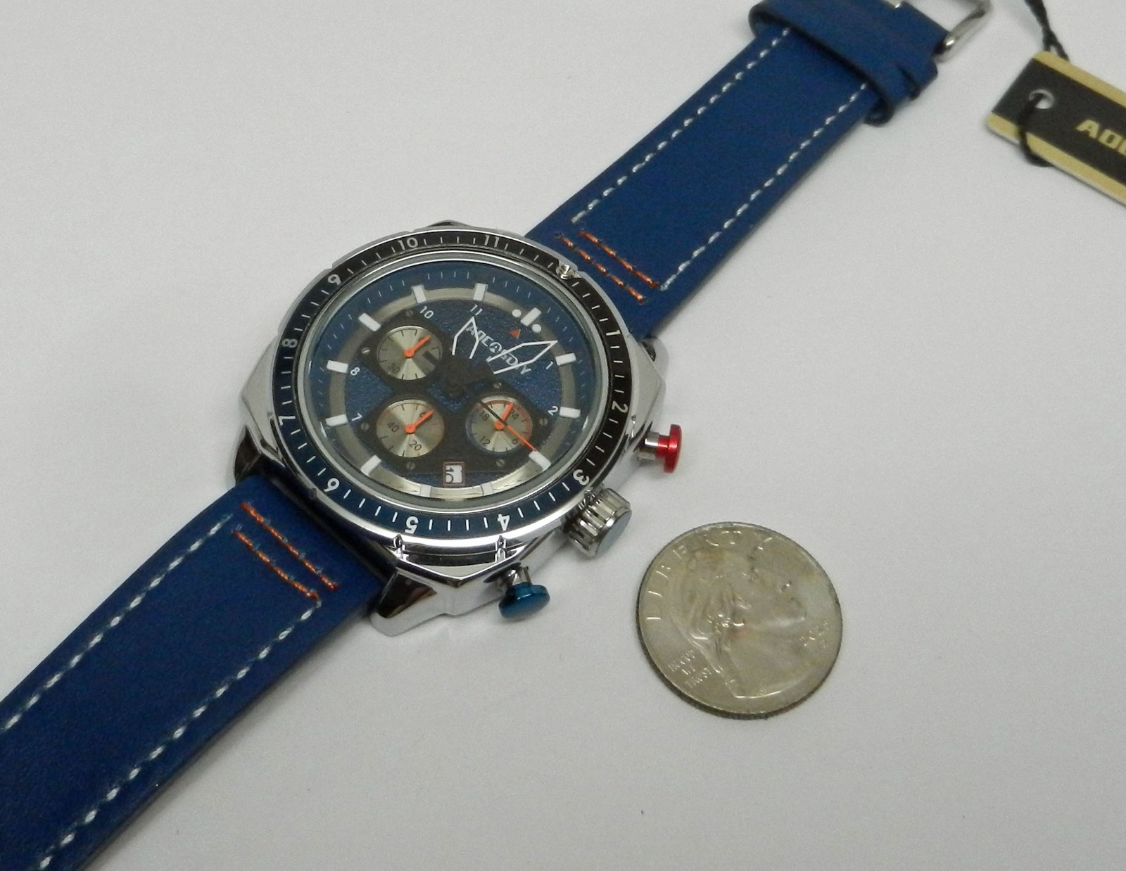 Men’s 45mm Blue Textured Chronograph Date Dial W/ Leather 24HR Dial Sport Watch