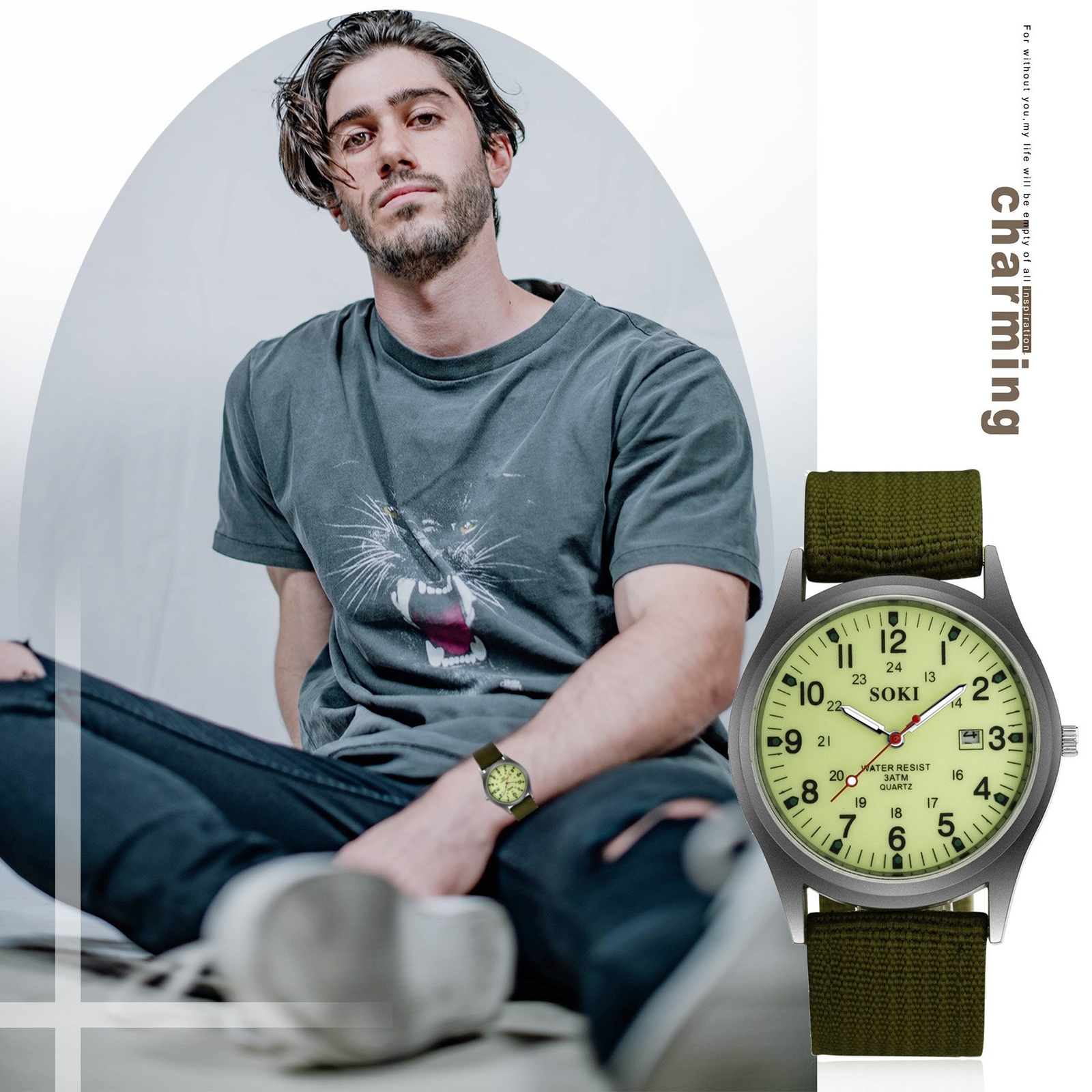 Mens Army Military Pilot 12/24H Luminous Dial Nylon Band Date Quartz Wrist Watch
