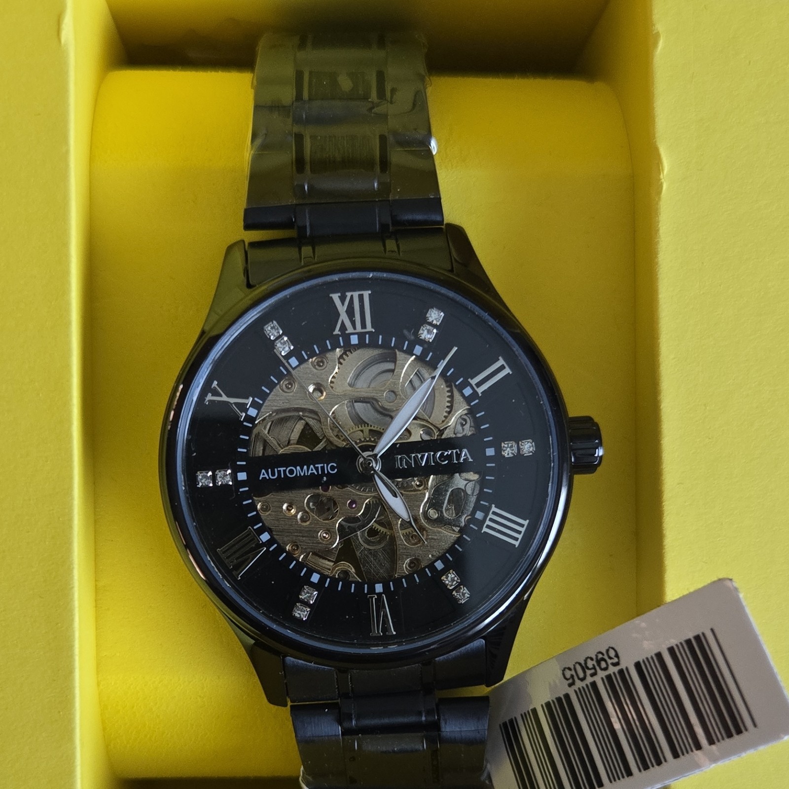Invicta 69505 Men’s Automatic Skeleton 45mm Black Steel Watch 30m Box