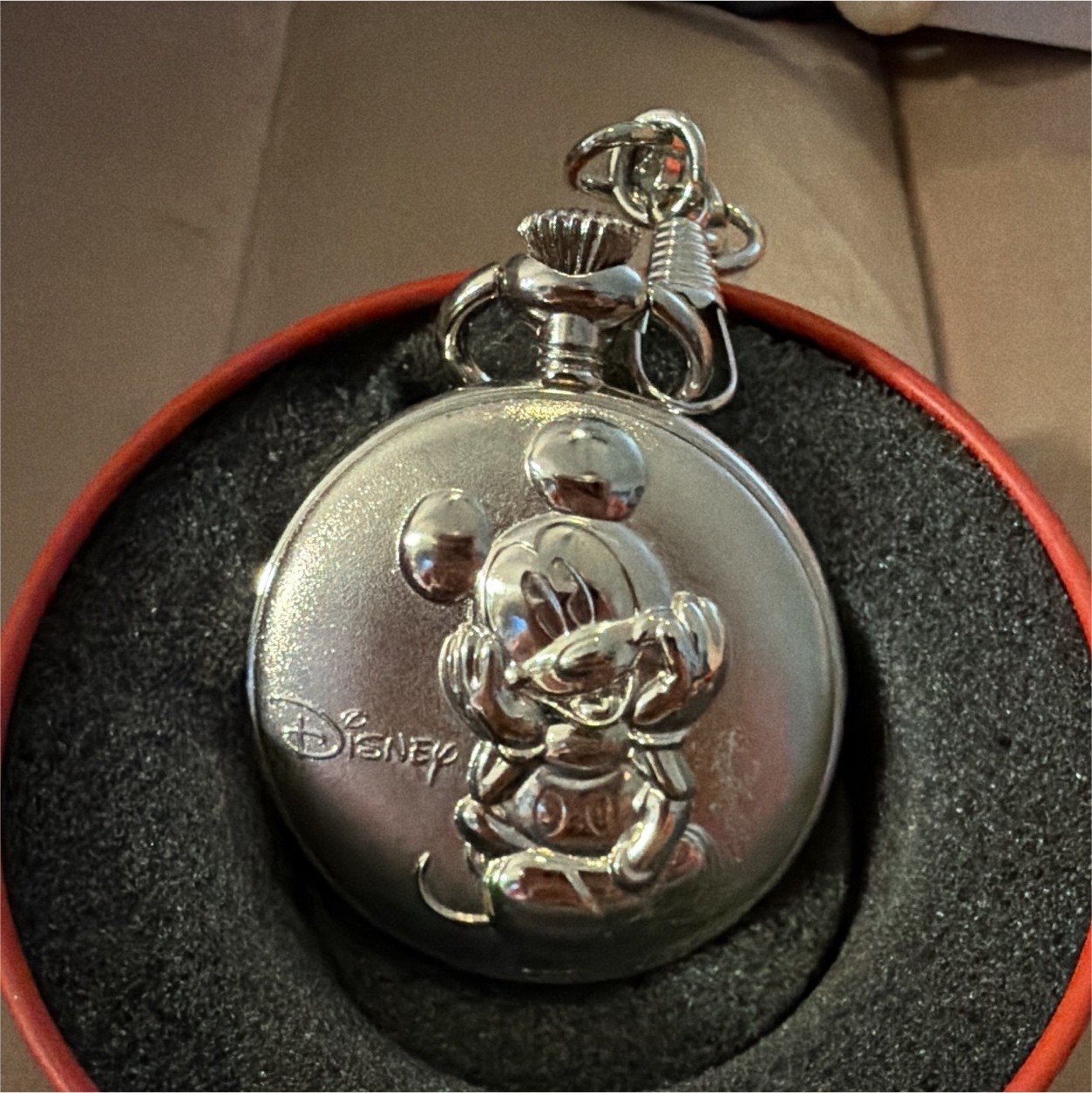 Vintage Disney Mickey Mouse Silver Pocket Watch w/ Chain & Original Tin
