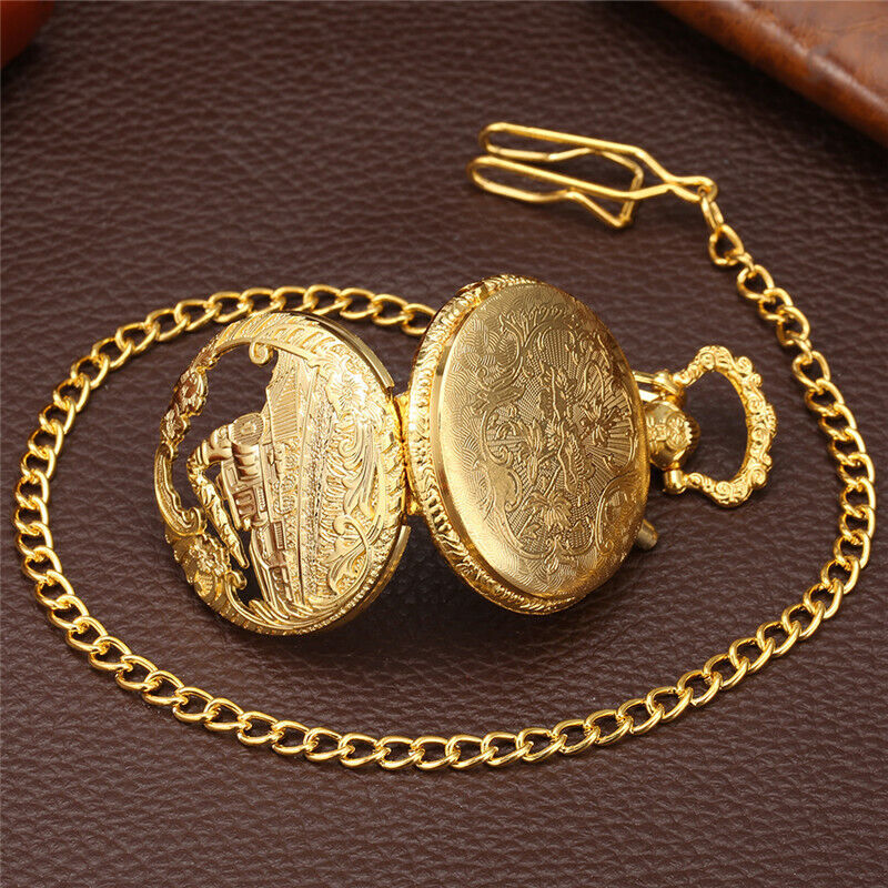 Steampunk Train LED Display Unisex Quartz Pocket Watch Antique Pendant Fob Chain