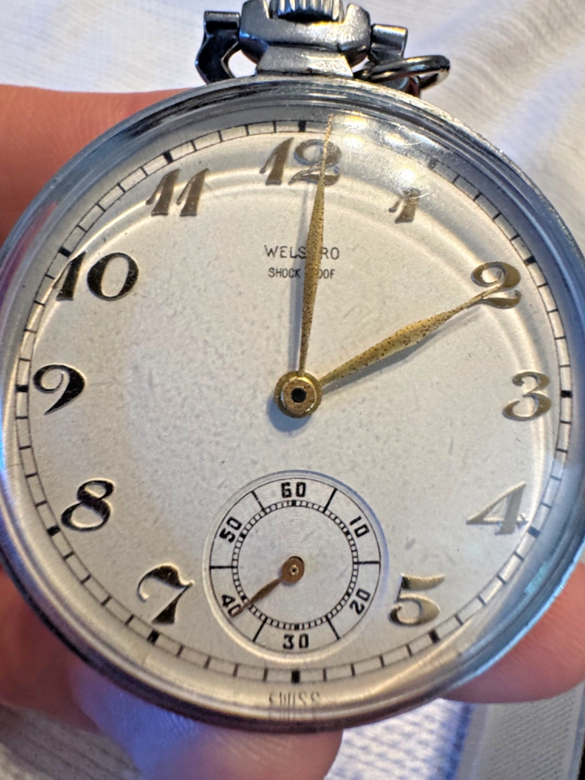 Vintage Welsbro 1940s Shock Proof Pocket Watch Swiss Art Deco RUNNING/WORKS
