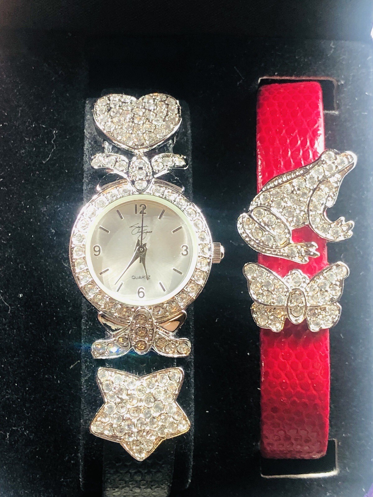 SUZANNE SOMERS Clear Frog Star Black Red Leather Bands Watch W Box Need Battery
