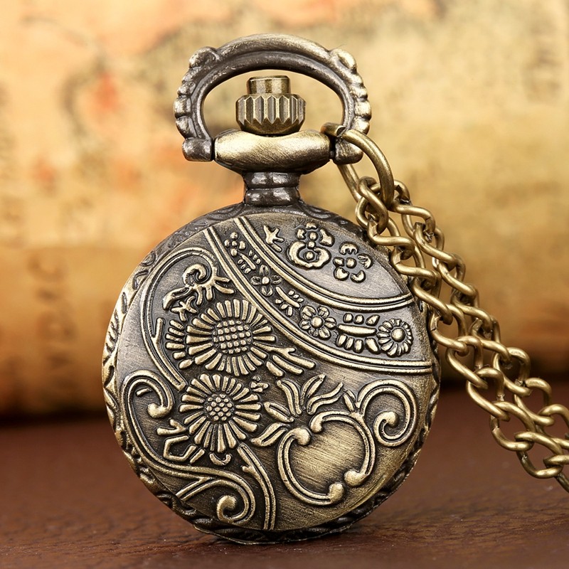 Mini Steampunk Quartz Pocket Watch Engraved Antique Bronze w/ Necklace Chain