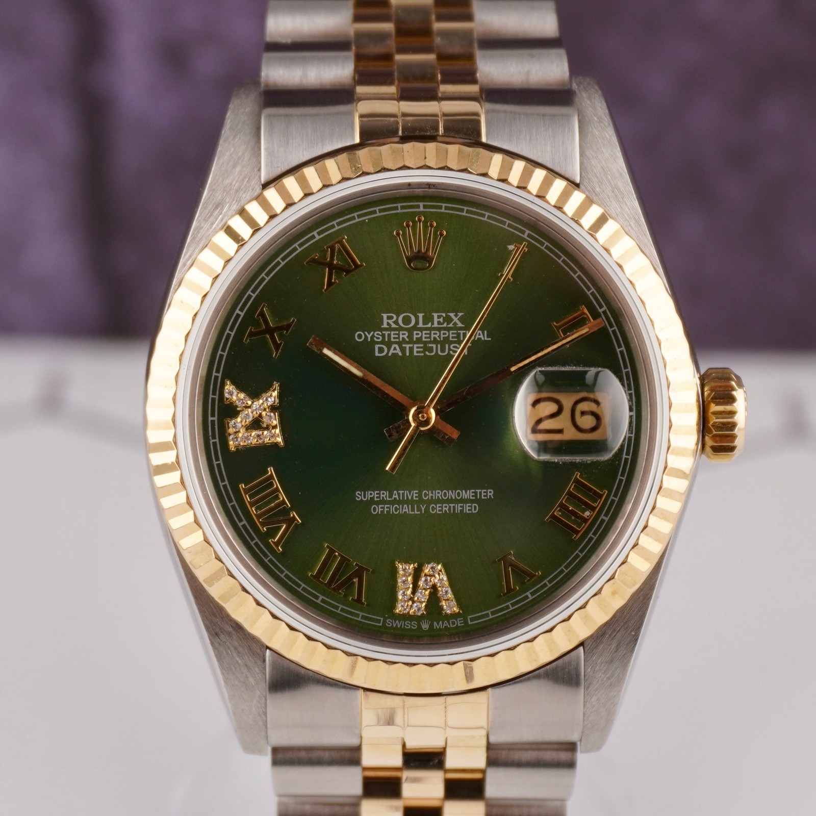 Rolex Datejust 36mm Yellow Gold Fluted Green Roman Diamond Dial Jubilee Watch