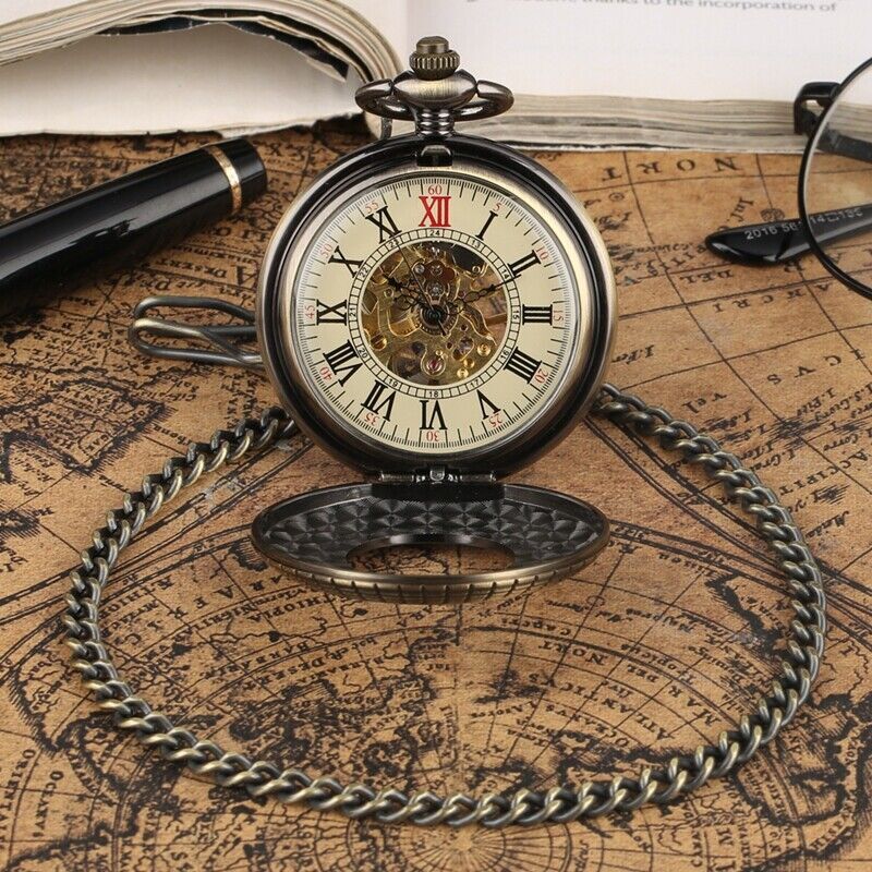 Bronze Men’s Hand-winding Mechanical Pocket Watch Pendant Chain Skeleton Dial