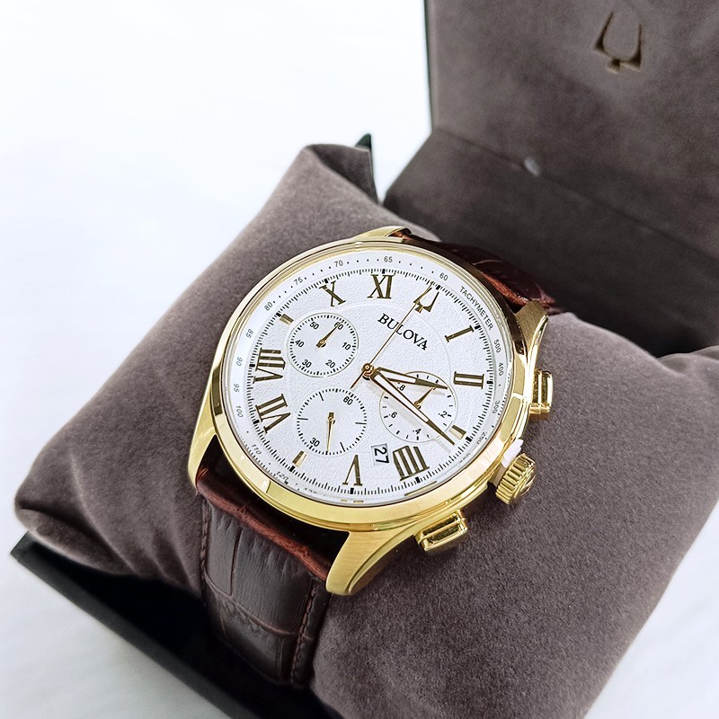 Men’s Bulova Wilton White Dial Brown Leather Classic 97B169 Quartz Watch 46.5mm