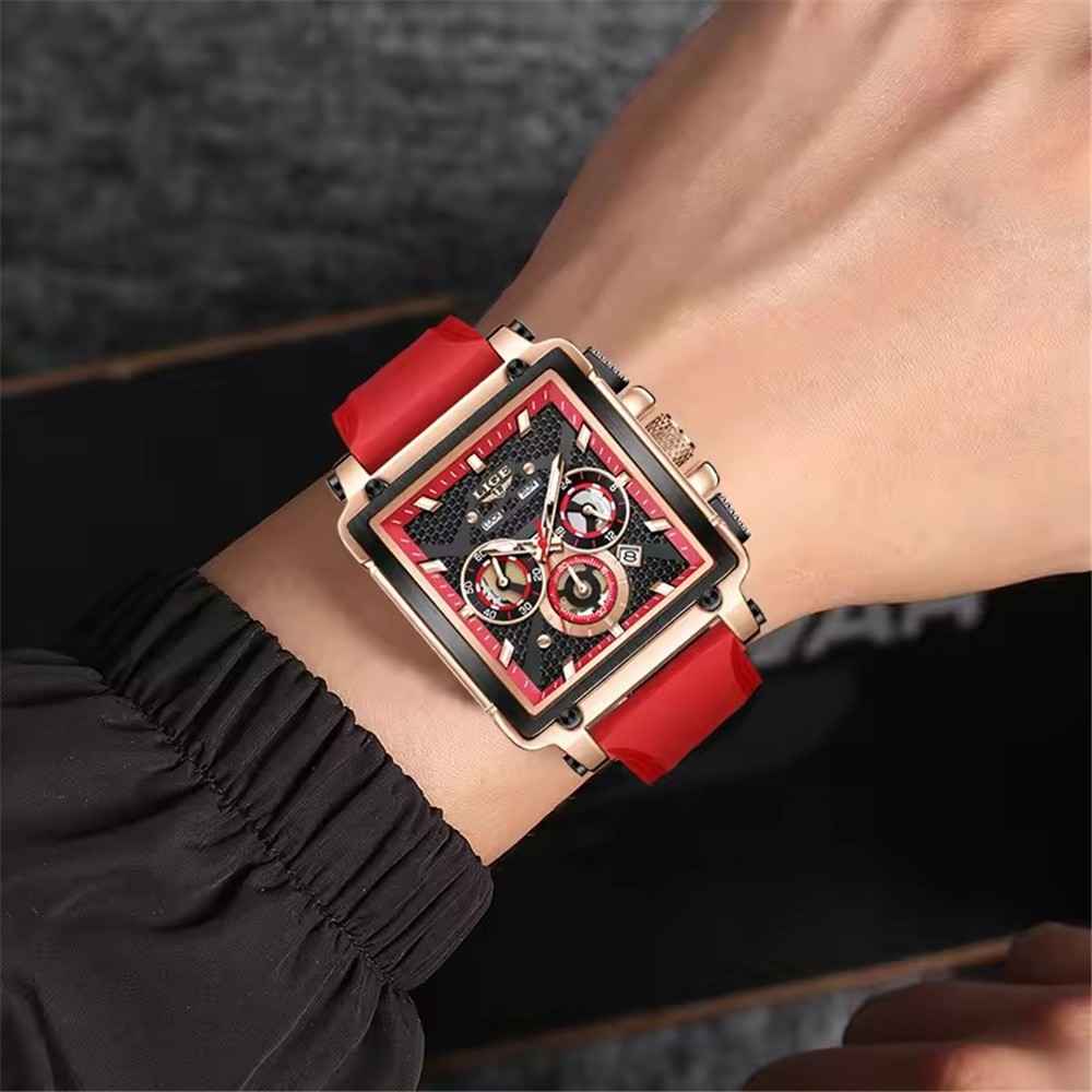 LIGE Men Watch Rectangle Sport Quartz Wristwatch Silicone Strap Male Date Watch