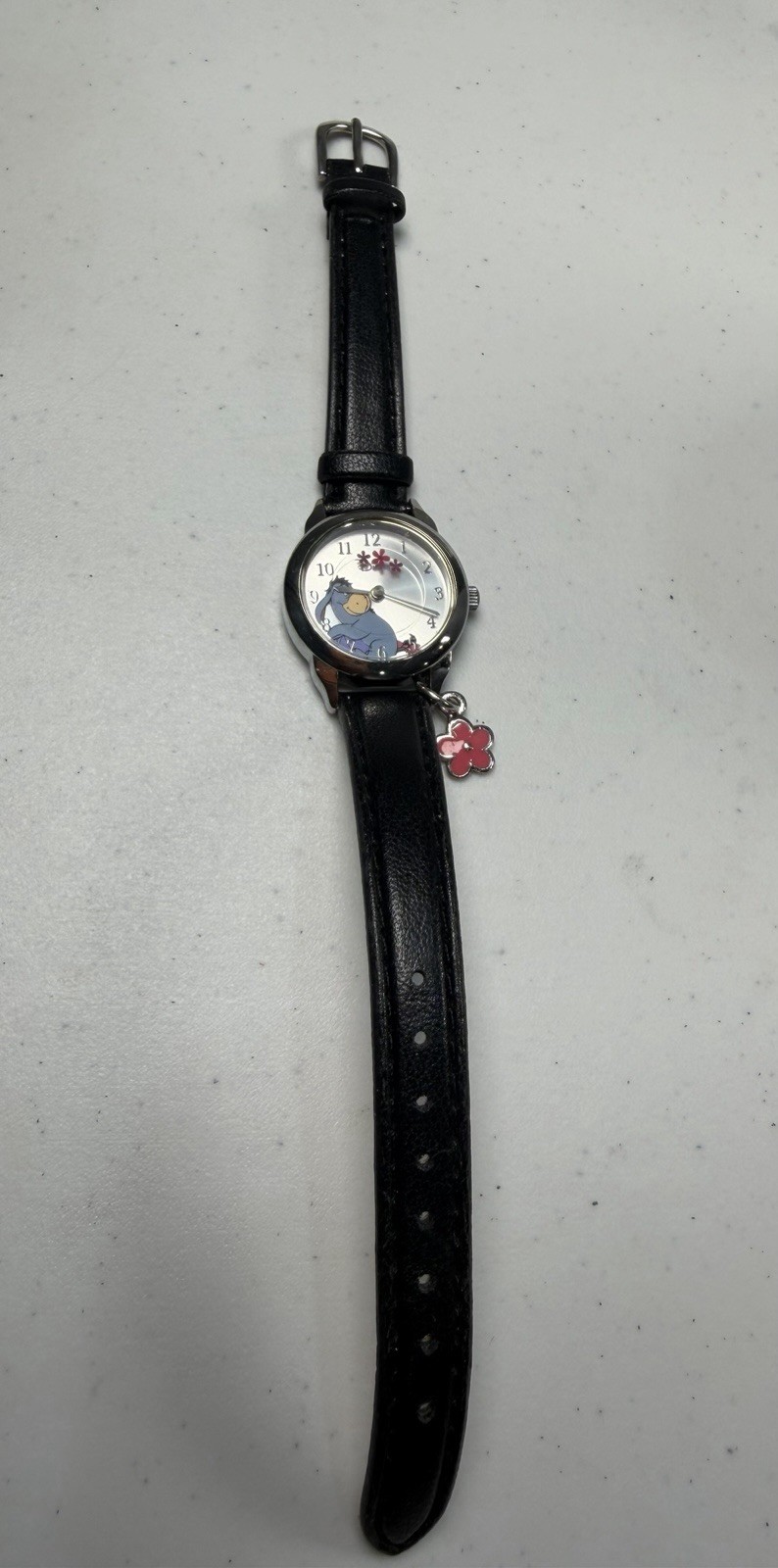 Disney Eeyore Charm Watch Black Leather Strap Quartz 25.6mm Working Japan Movt