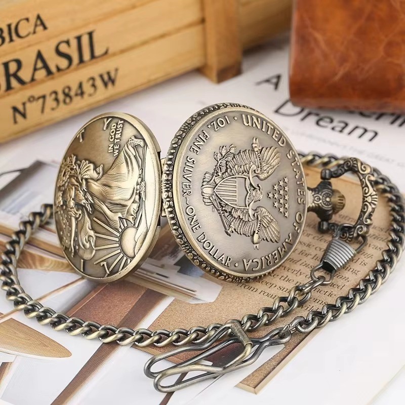 Lady Liberty Pocket Watch – Double Sided Face – US Eagle Design