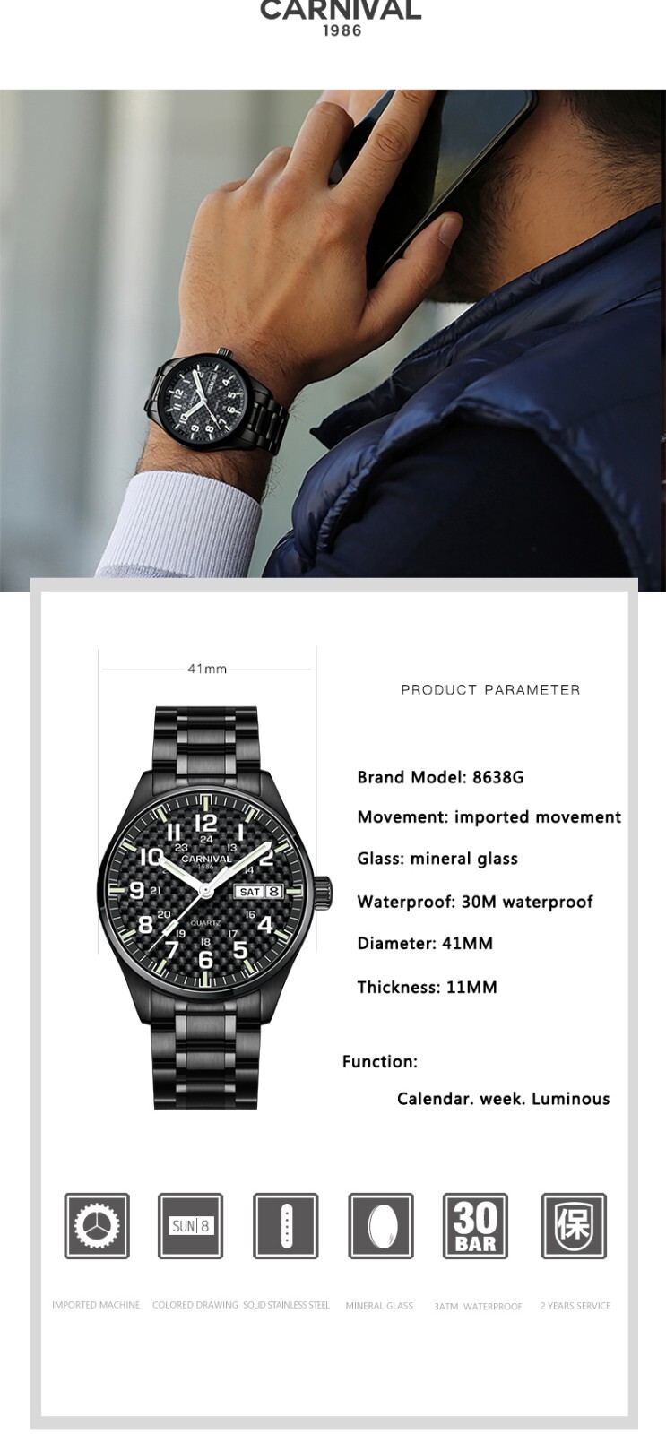 CARNIVAL Luxury Men’s Quartz Watch Luminous 3Bar Waterproof Stainless Steel