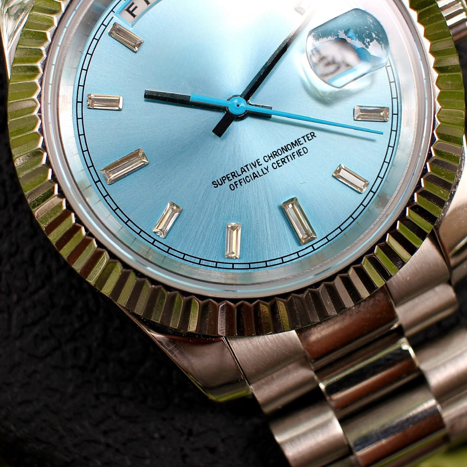 Custom Built – Ice Blue Day-Date NH35 Japanese Automatic Fluted Steel Watch