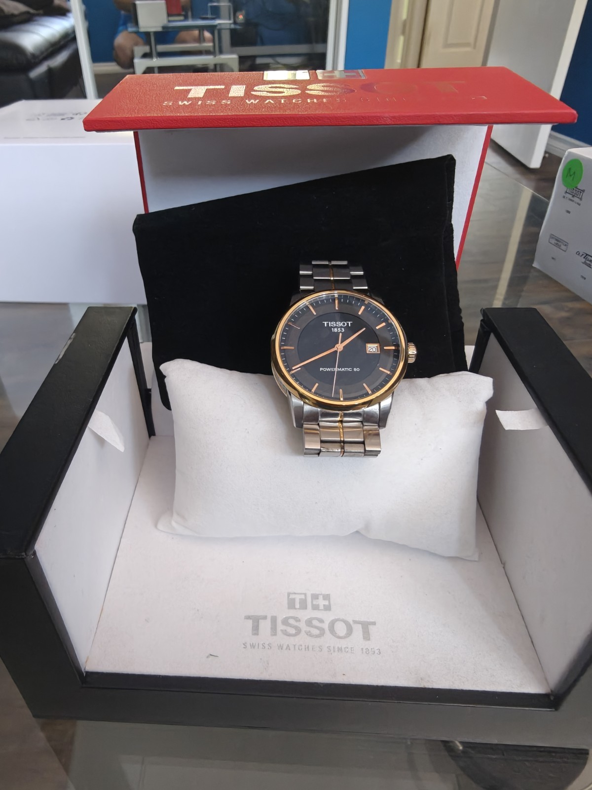 Tissot Powermatic 80 Auto Black Dial Two-Tone Bracelet Date Watch w/ Box