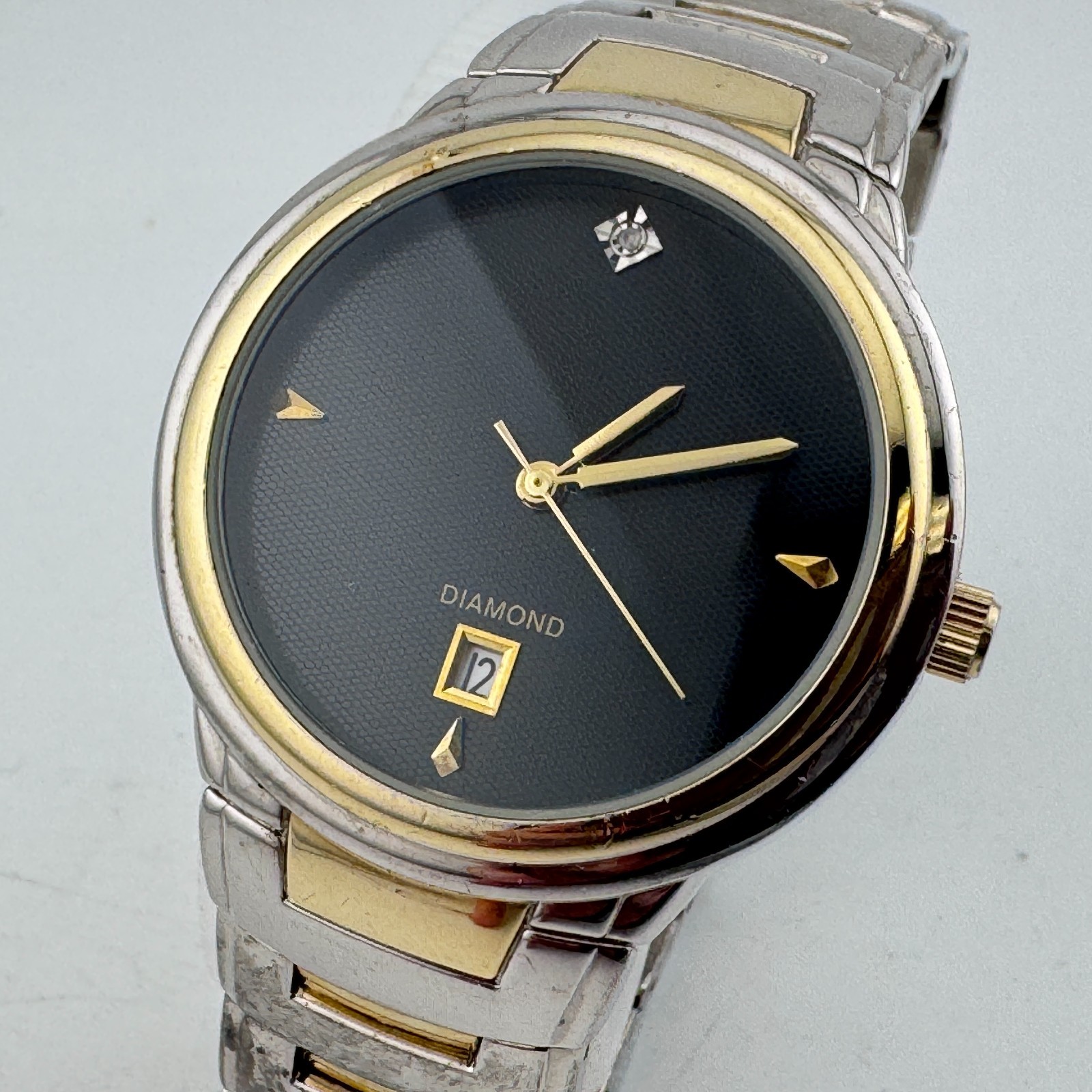 VTG Allude Quartz Watch Men 30m Dual Tone Diamond Black Analog New Battery 7.5″