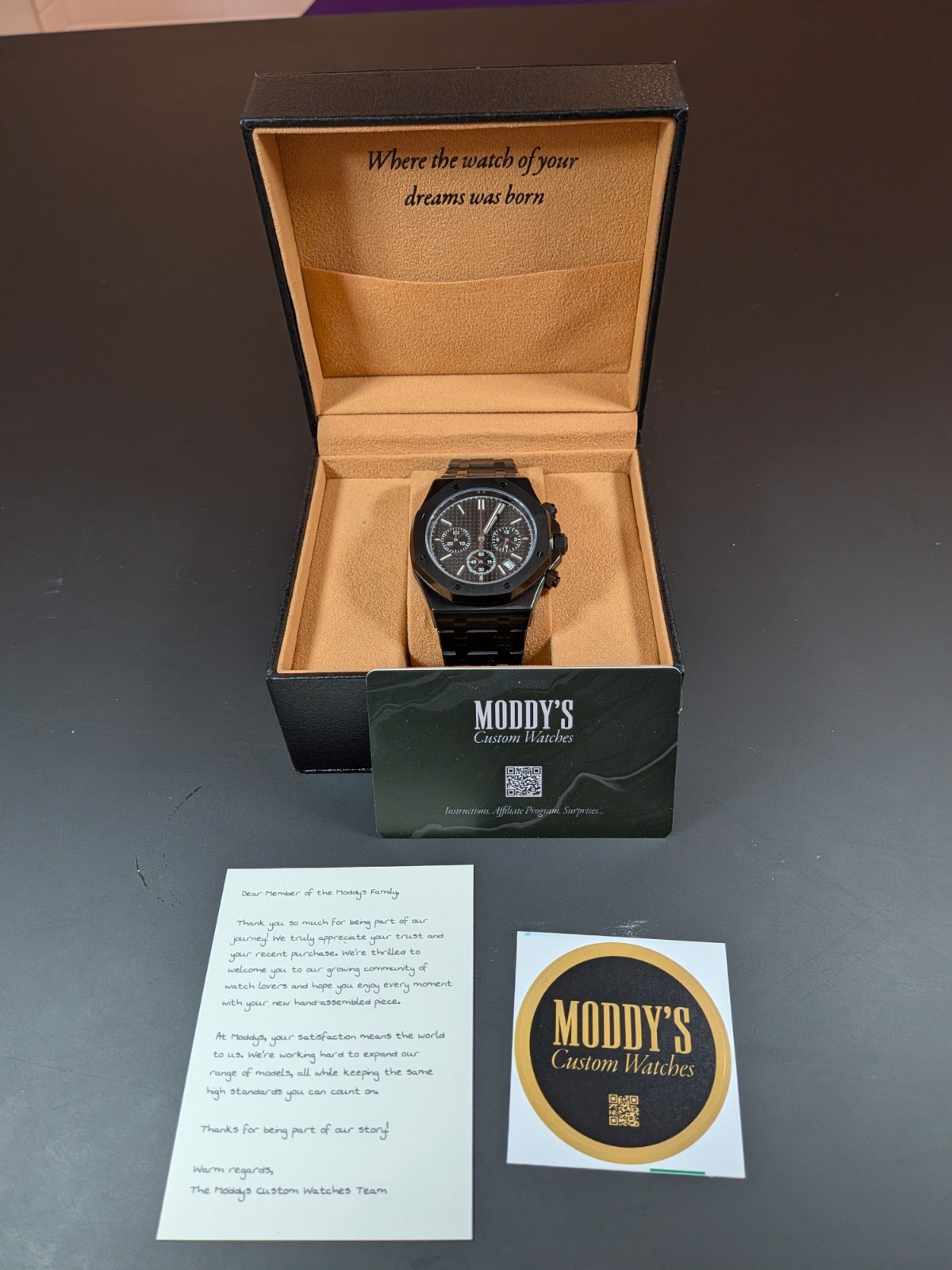 Moddy’s Custom Watches Black Octagon Chronograph Luxury Analog Metal Wristwatch