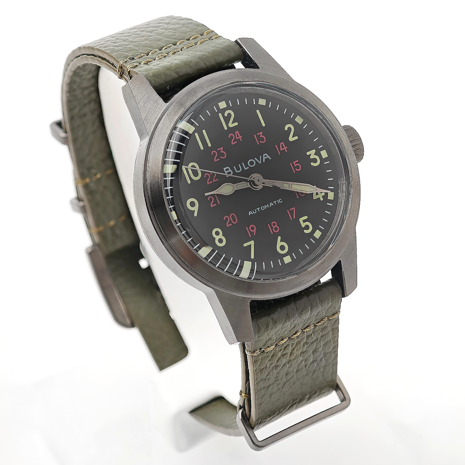 Bulova Military Hack 98A255 Men’s Black Dial Green Leather Strap Automatic Watch